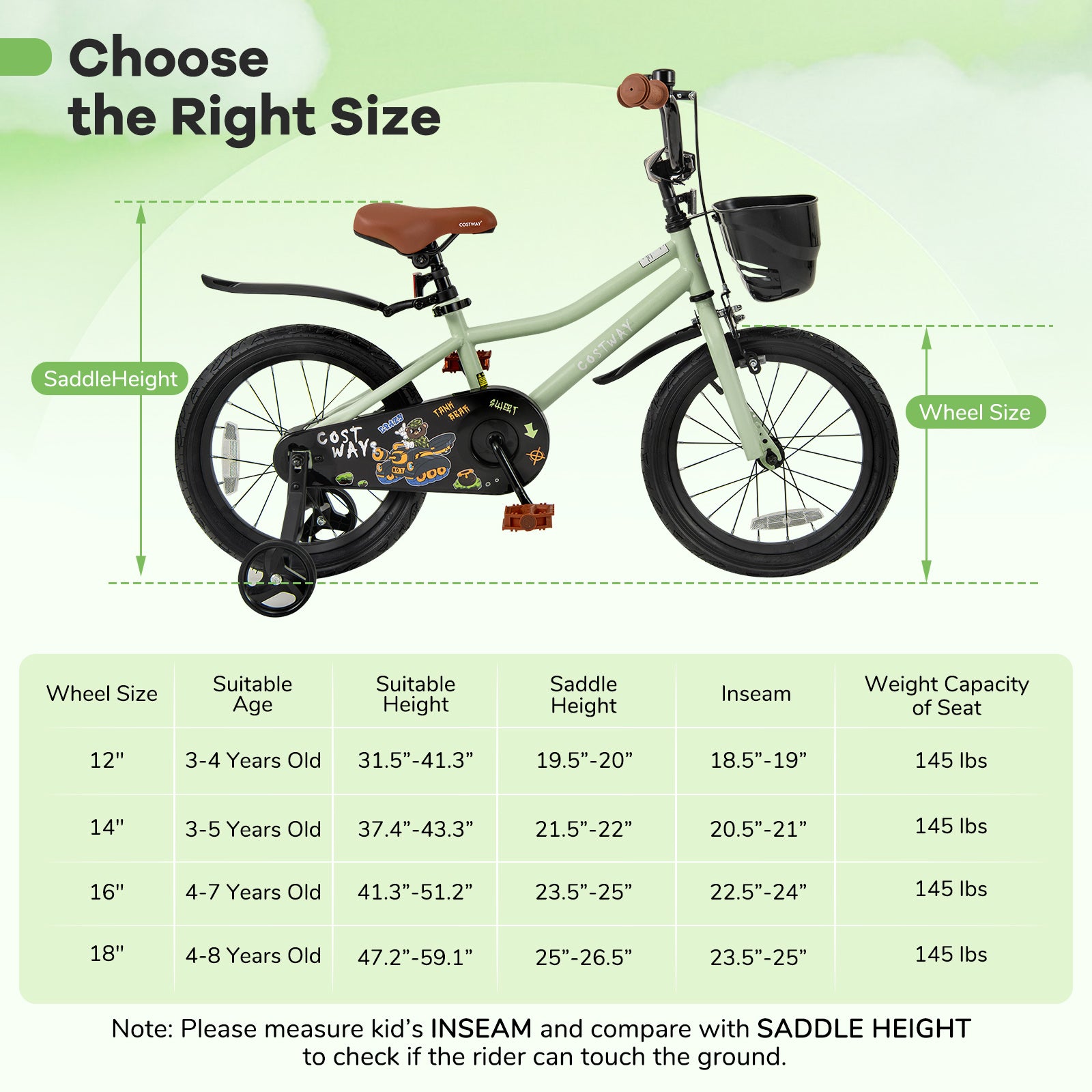 16-Inch Kids Bike Adjustable with Training Wheels for 4-7 Years Old, Green Kids Bike at Gallery Canada