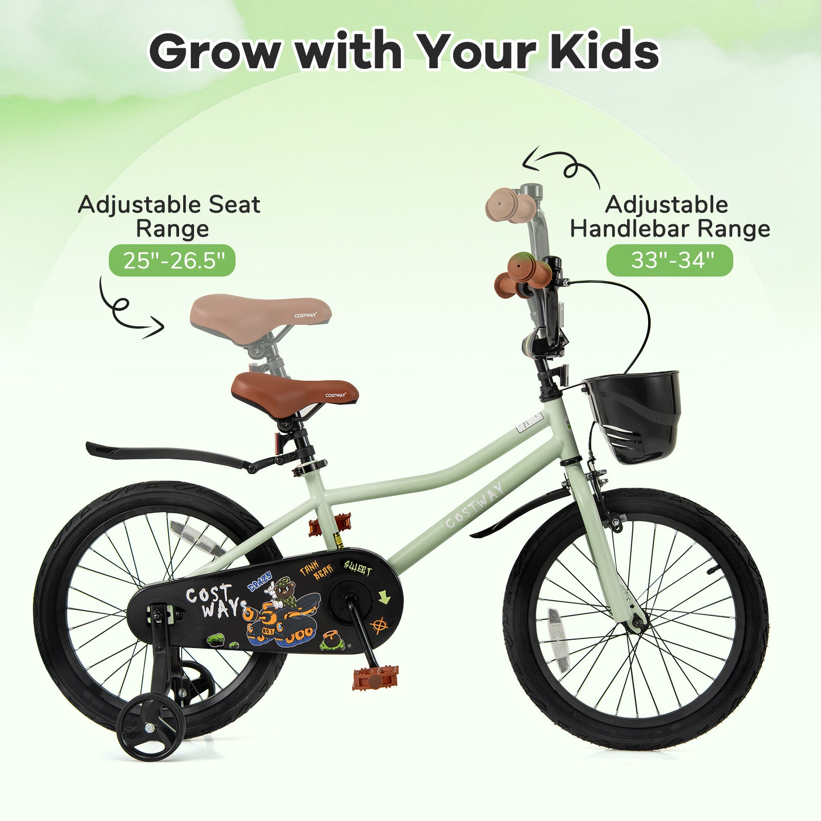 18-Inch Kids Bike Adjustable with Training Wheels for 4-8 Years Old, Green Kids Bike at Gallery Canada