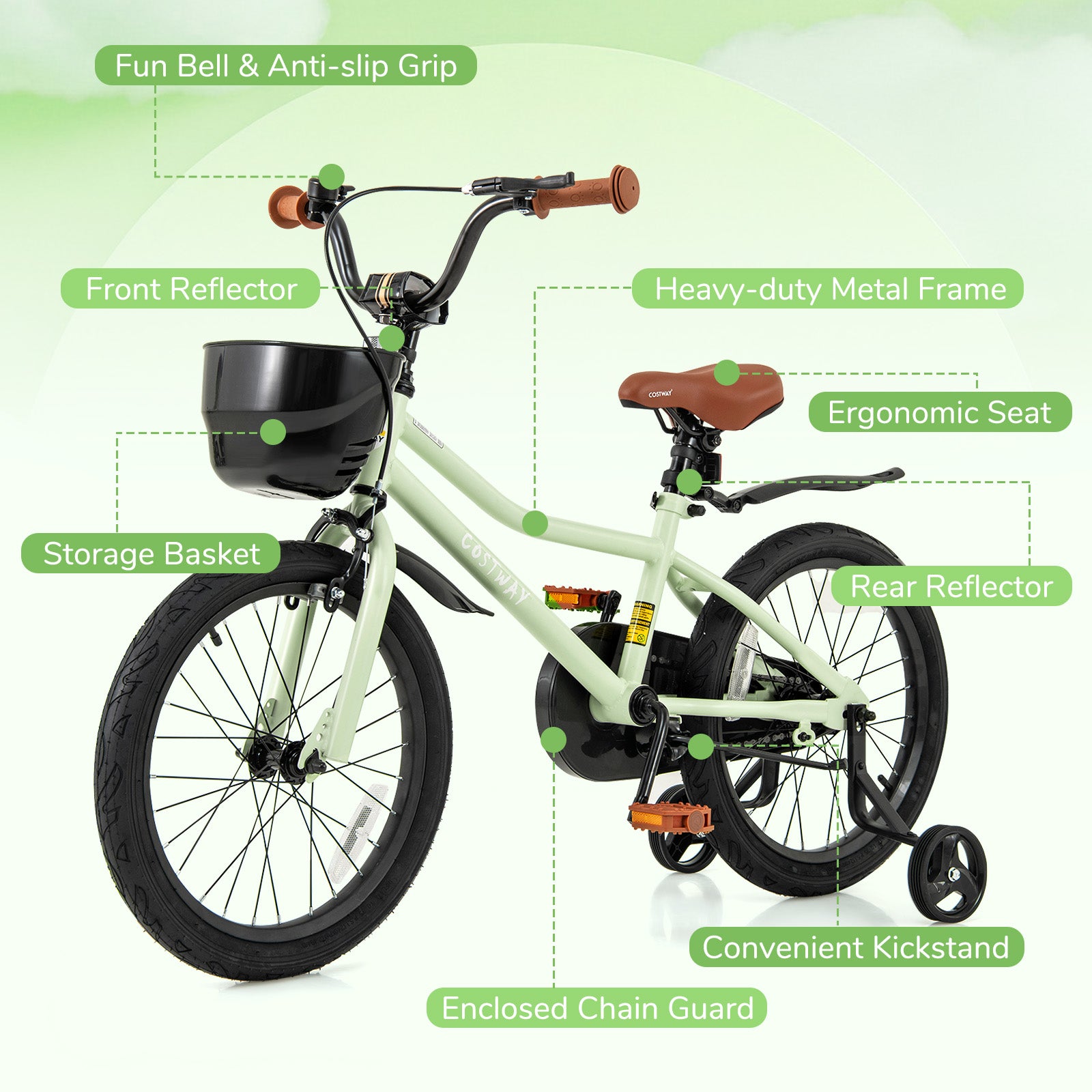 18-Inch Kids Bike Adjustable with Training Wheels for 4-8 Years Old, Green Kids Bike at Gallery Canada