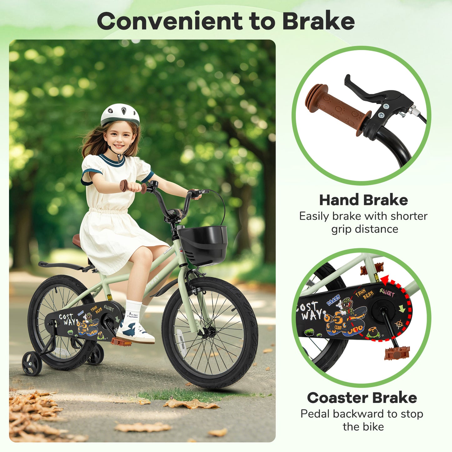 18-Inch Kids Bike Adjustable with Training Wheels for 4-8 Years Old, Green Kids Bike at Gallery Canada