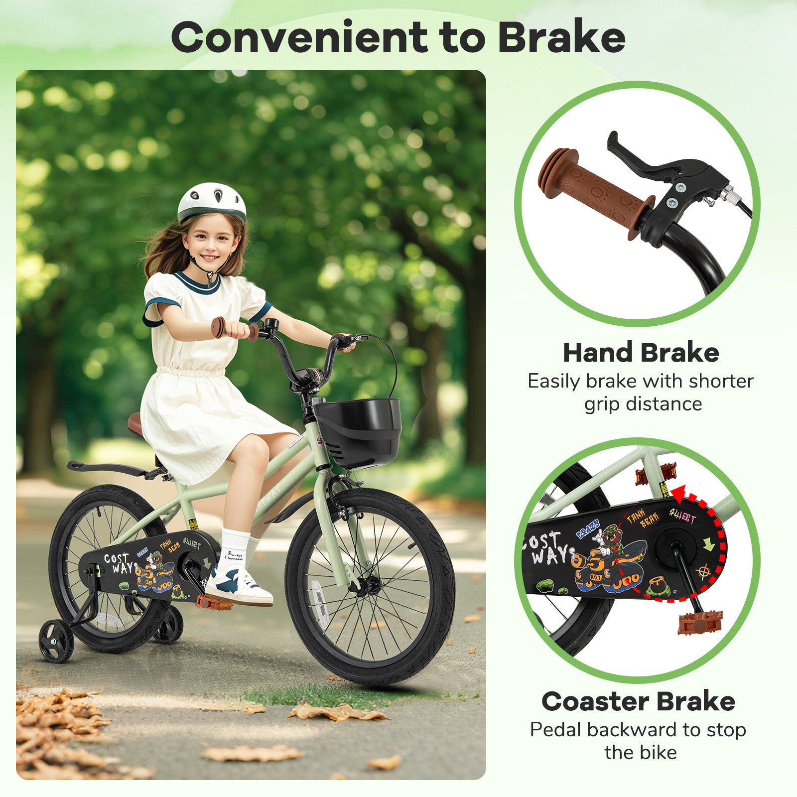 18-Inch Kids Bike Adjustable with Training Wheels for 4-8 Years Old, Green Kids Bike at Gallery Canada