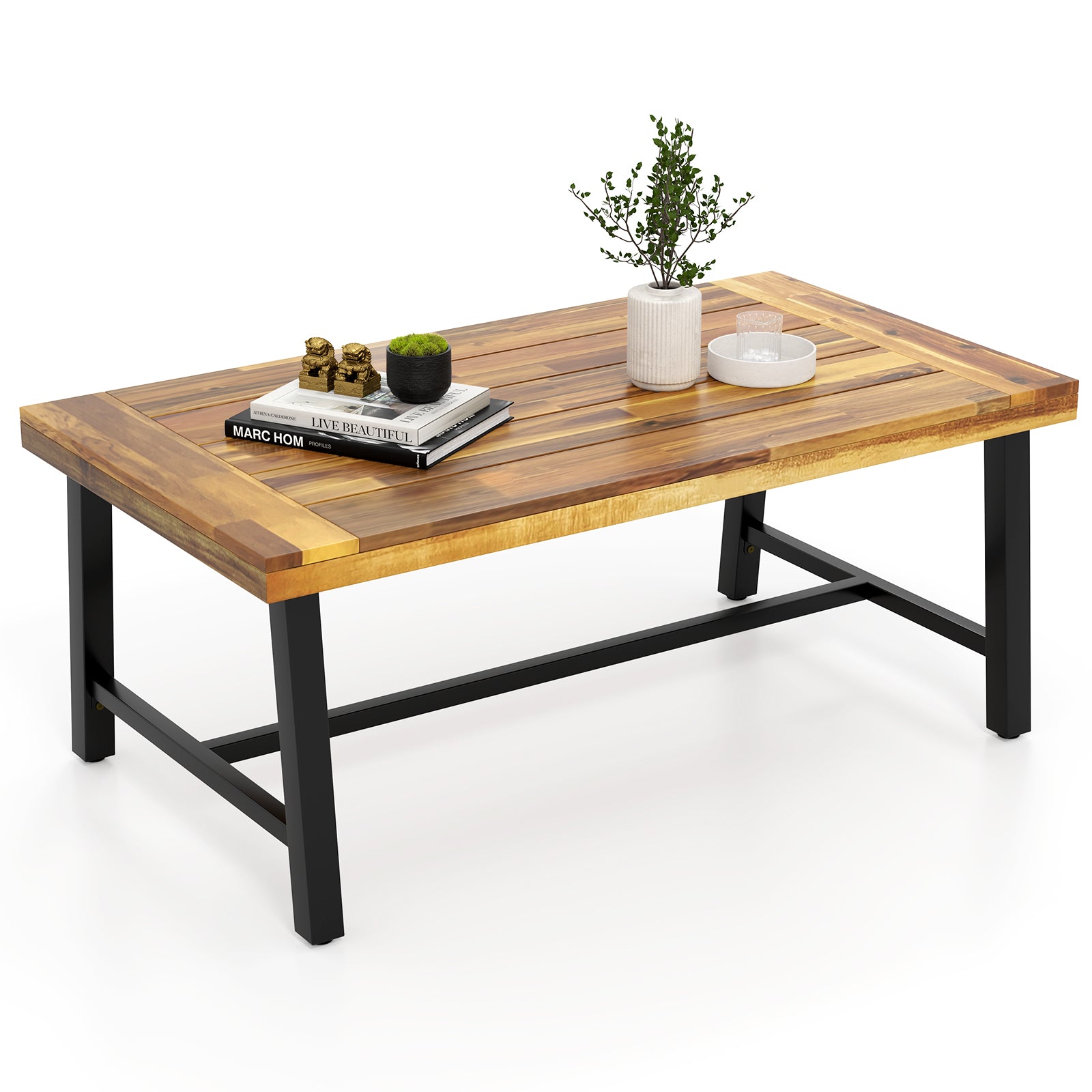 Acacia Wood Coffee Table with Thickened Top and Heavy-duty Metal Legs, Natural Patio Coffee Tables at Gallery Canada