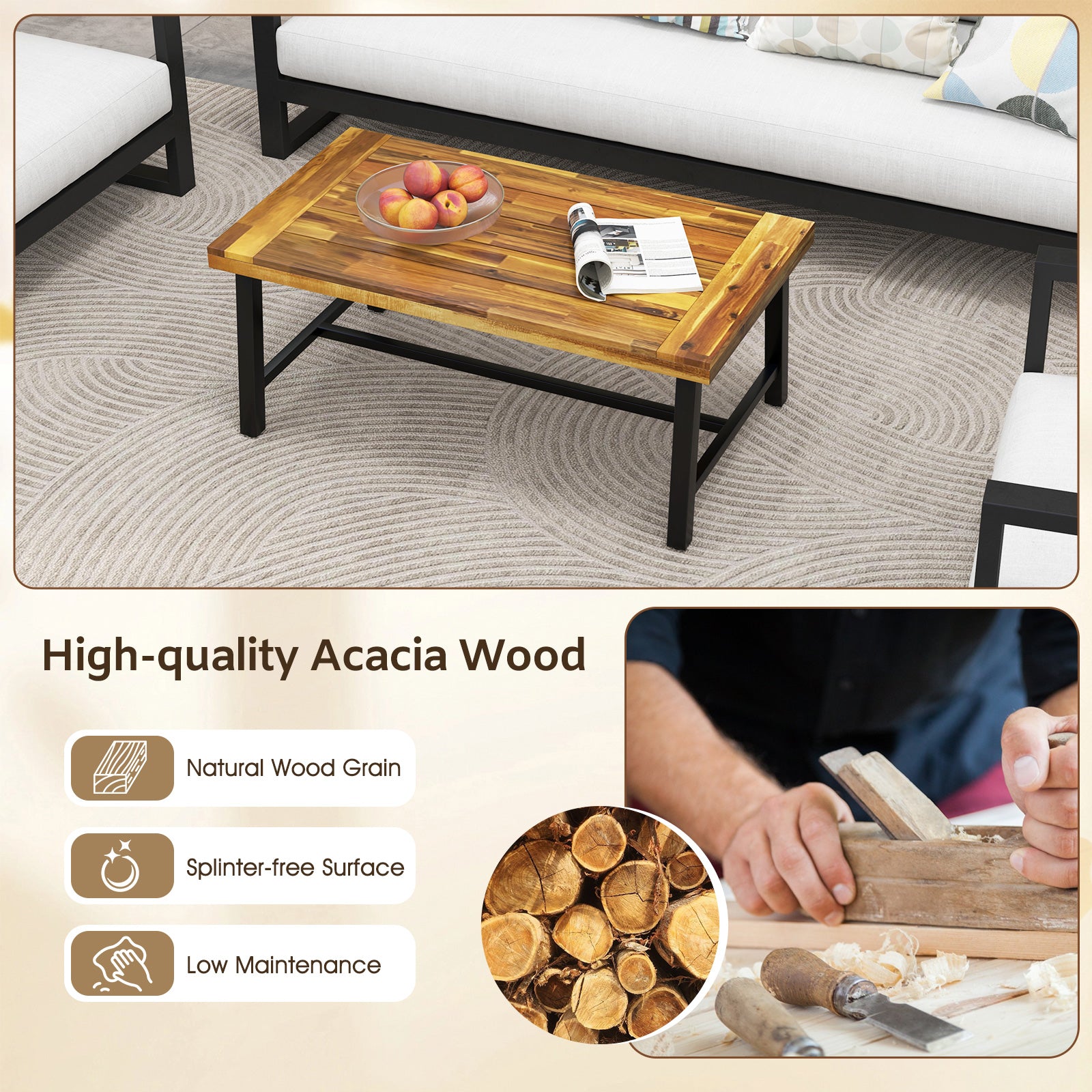 Acacia Wood Coffee Table with Thickened Top and Heavy-duty Metal Legs, Natural Patio Coffee Tables at Gallery Canada