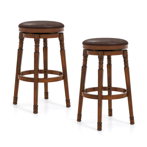 Set of 2 29-Inch Swivel Leather Padded Dining Bar Stools, Walnut