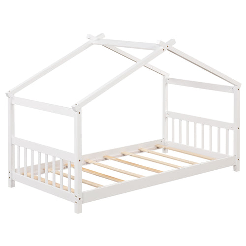 Twin Size Wooden House Bed With Roof, White