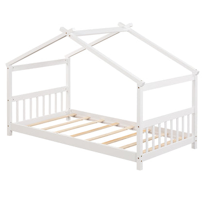 Twin Size Wooden House Bed With Roof, White Simple Bed Frame at Gallery Canada