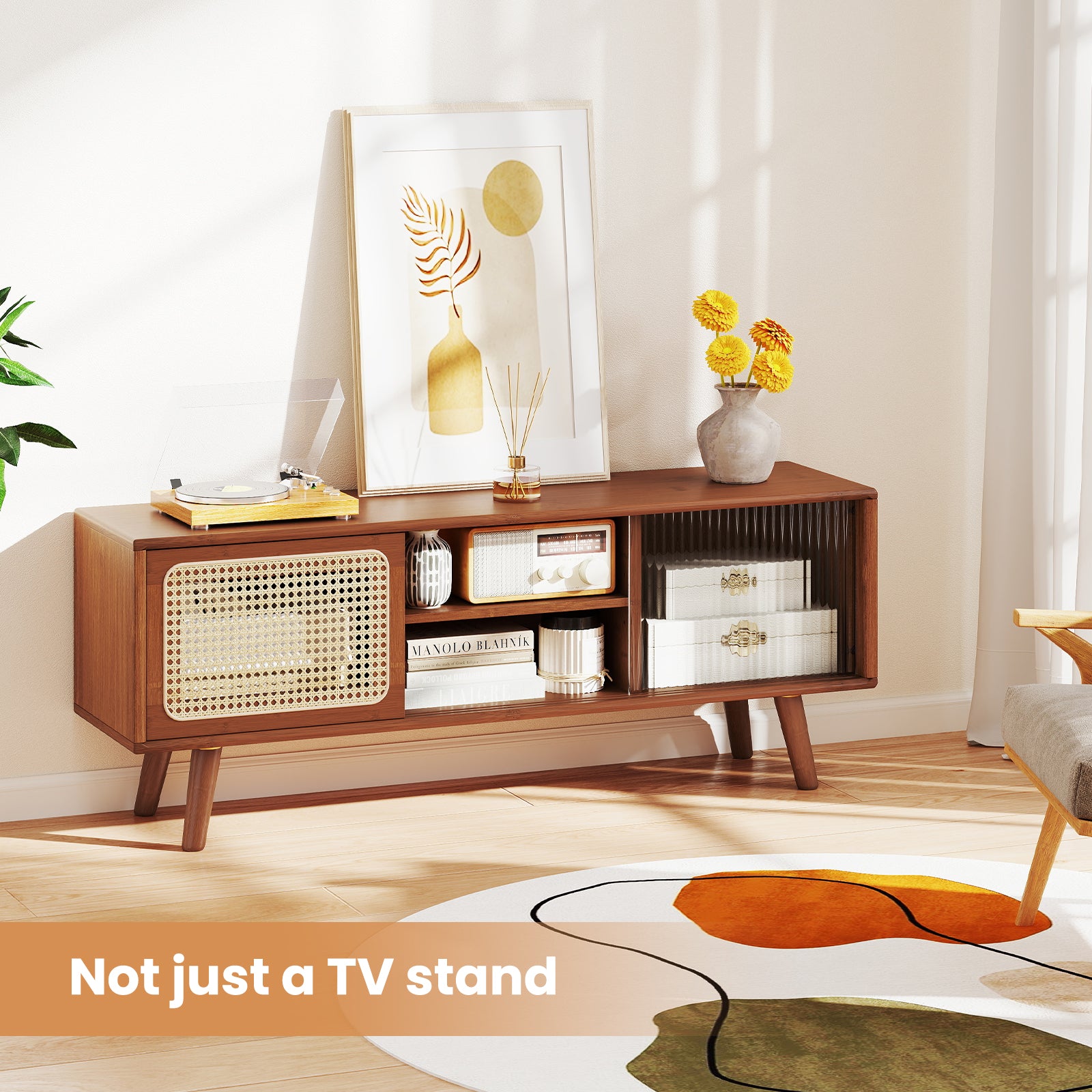 Modern TV Stand with Rattan Glass Sliding Doors, Brown Entertainment Centers & TV Stands at Gallery Canada