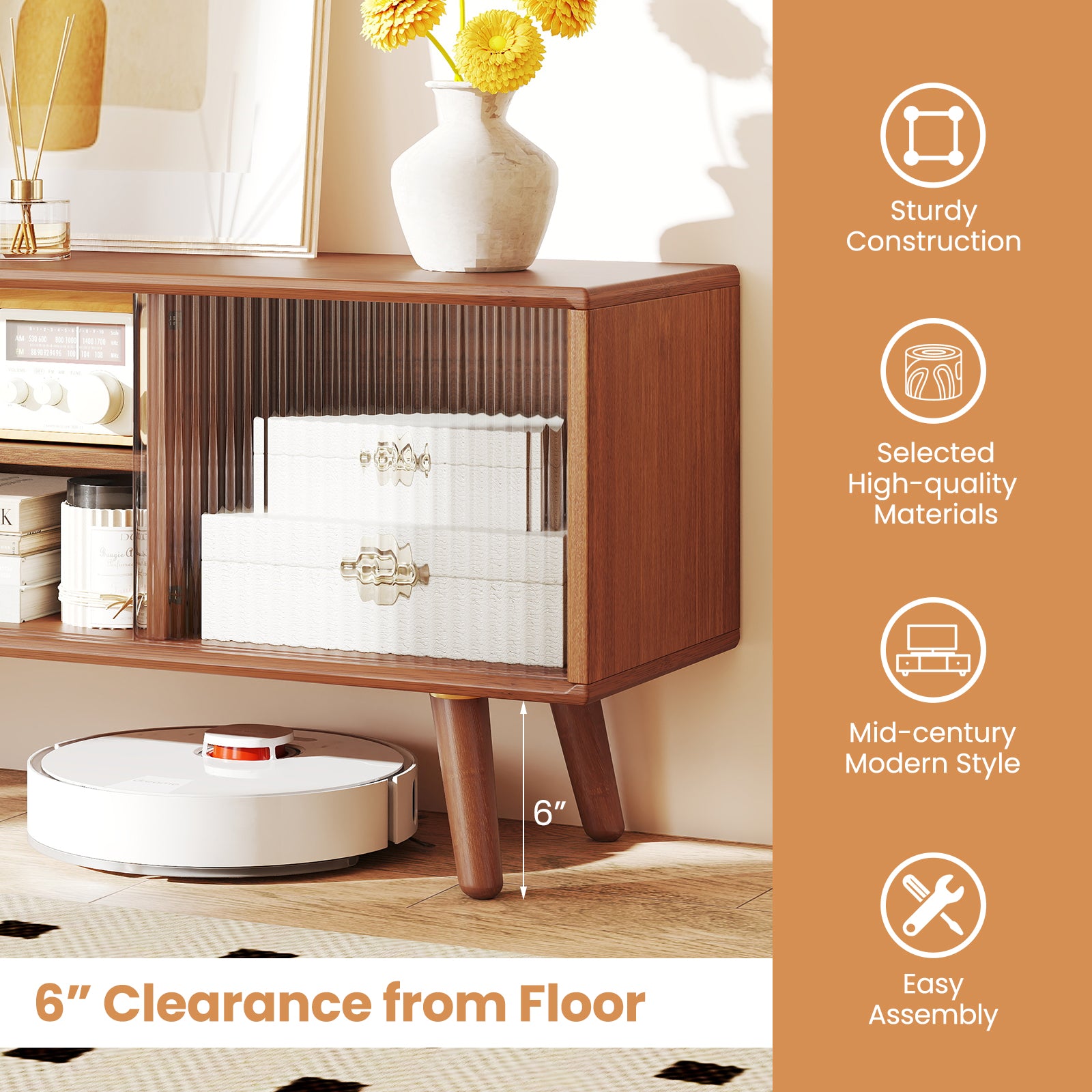 Modern TV Stand with Rattan Glass Sliding Doors, Brown Entertainment Centers & TV Stands at Gallery Canada