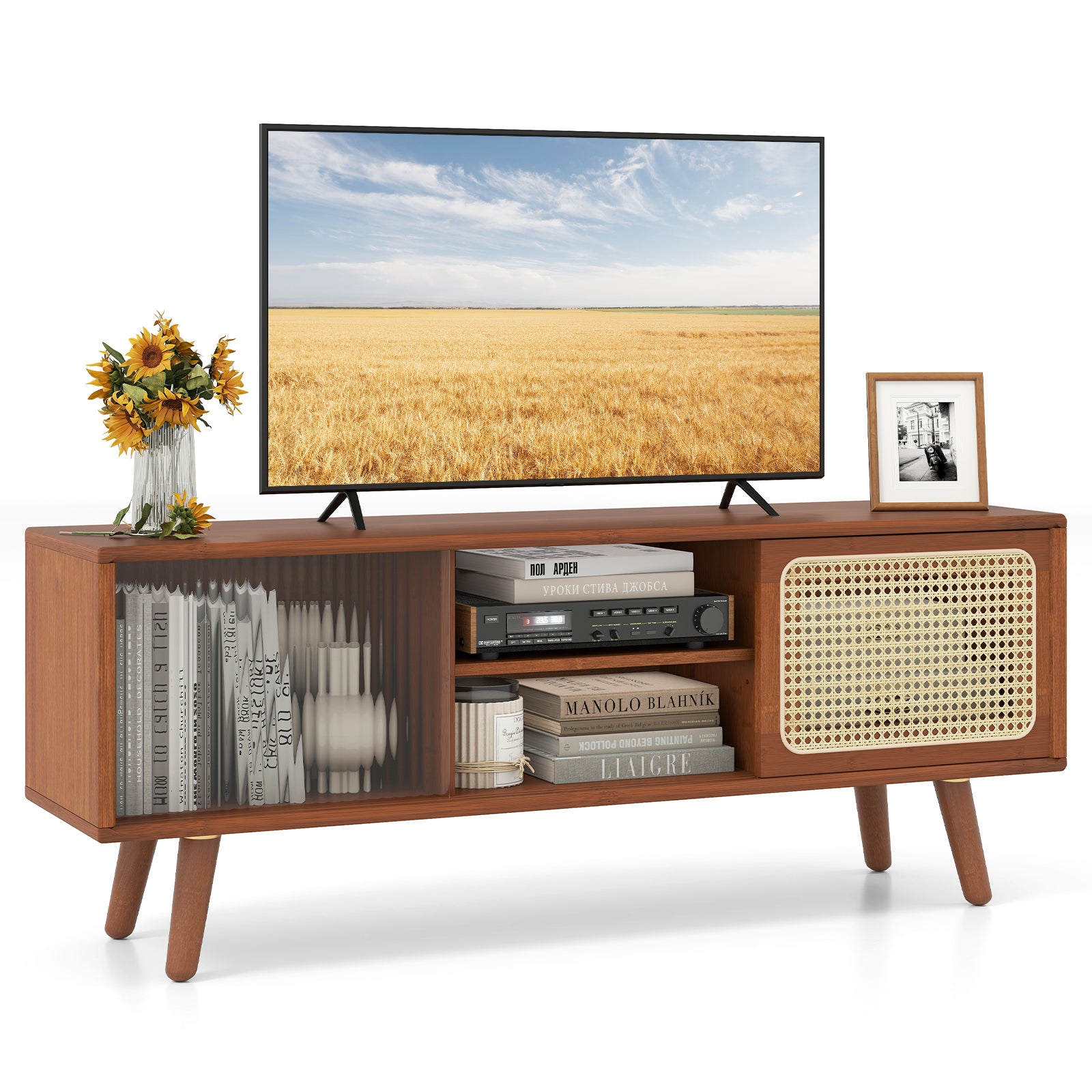 Modern TV Stand With Rattan Glass Sliding Doors, Brown Entertainment Centers & TV Stands at Gallery Canada