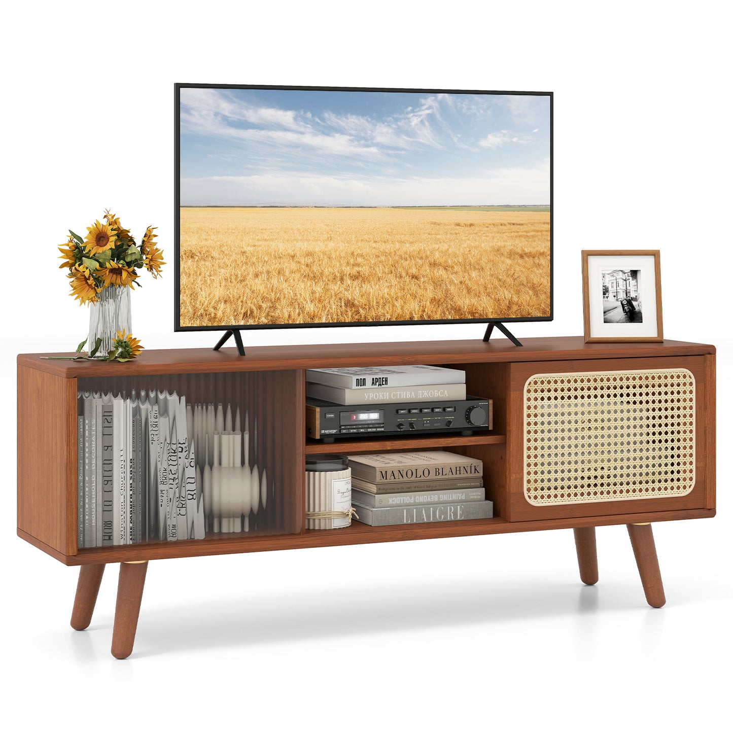 Modern TV Stand With Rattan Glass Sliding Doors, Brown Entertainment Centers & TV Stands at Gallery Canada