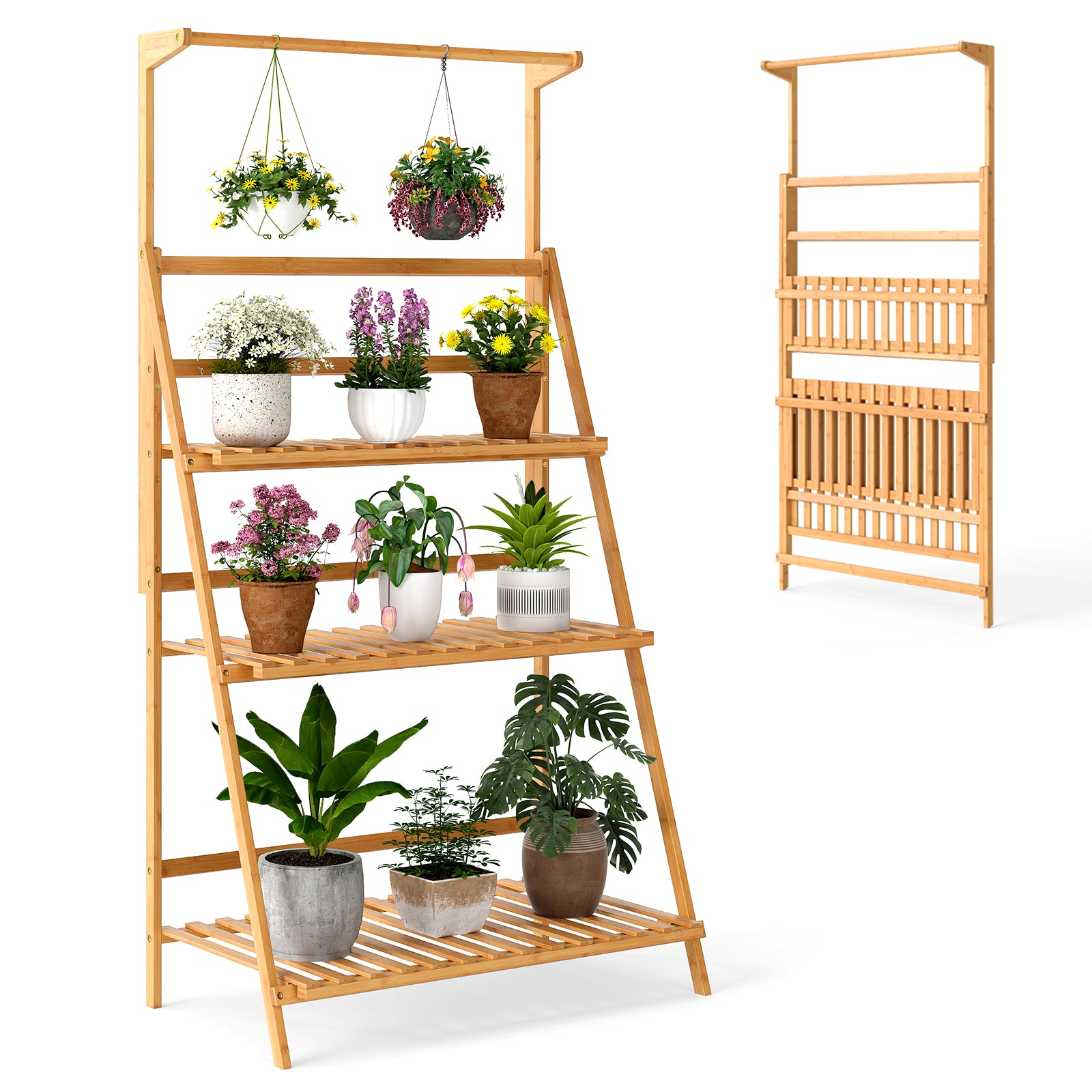 3 Tier Bamboo Hanging Plant Stand with Height Adjustable Hanger Rod, Natural Plant Stands at Gallery Canada
