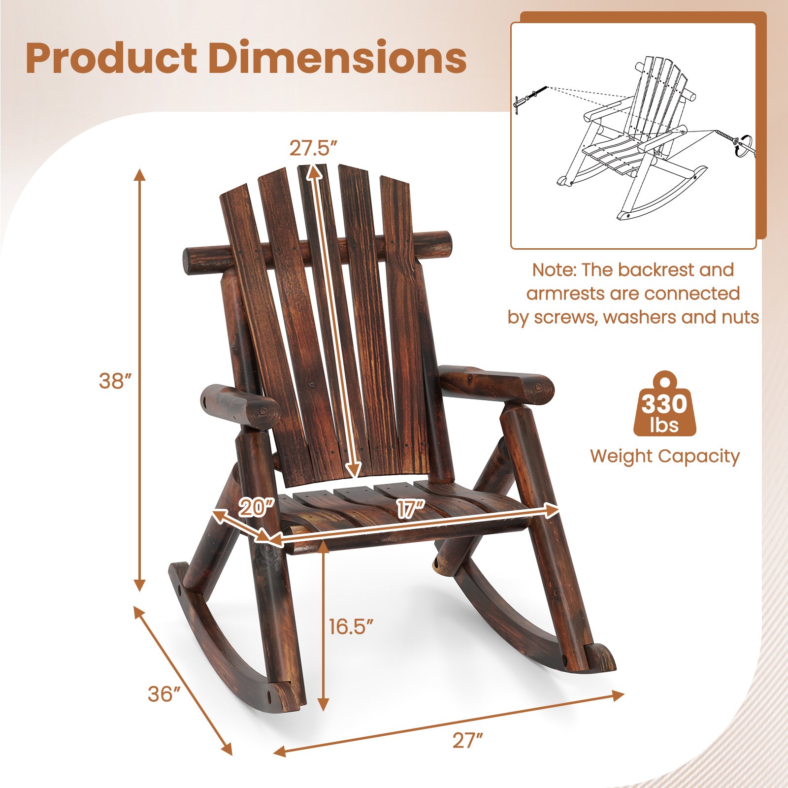 Outdoor Adirondack Rocking Chair for Adults Solid Wood Porch Rocker, Brown Adirondack Chairs at Gallery Canada