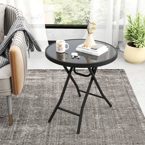 18 Inch Folding Side Table Patio Round Compact Coffee Table, Black