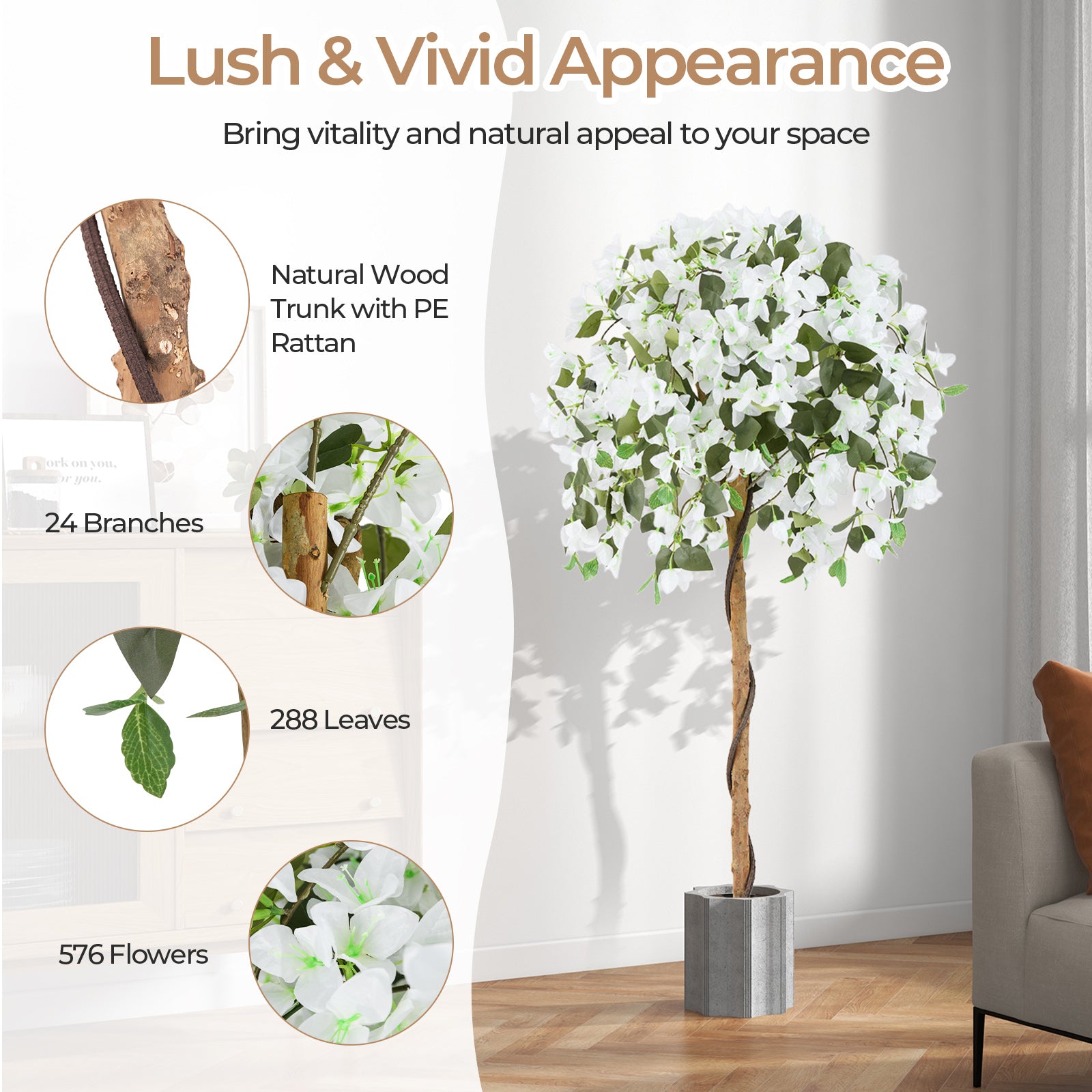 4.5 Feet Artificial Azalea Tree with Cement Pot, White Faux Plants at Gallery Canada