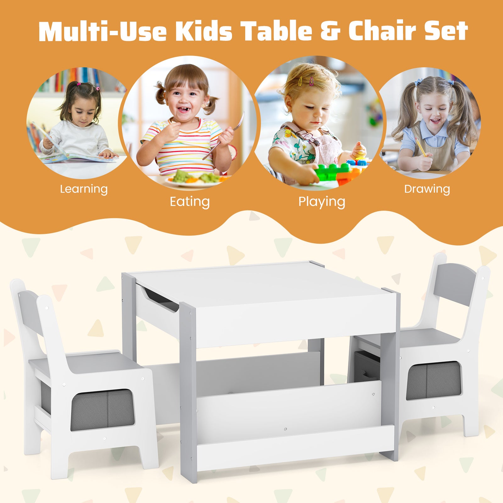 4 in 1 Kids Toddler Activity Table and Chairs Set with Reversible Tabletop-Grey, Gray Kids Table & Chair Sets at Gallery Canada