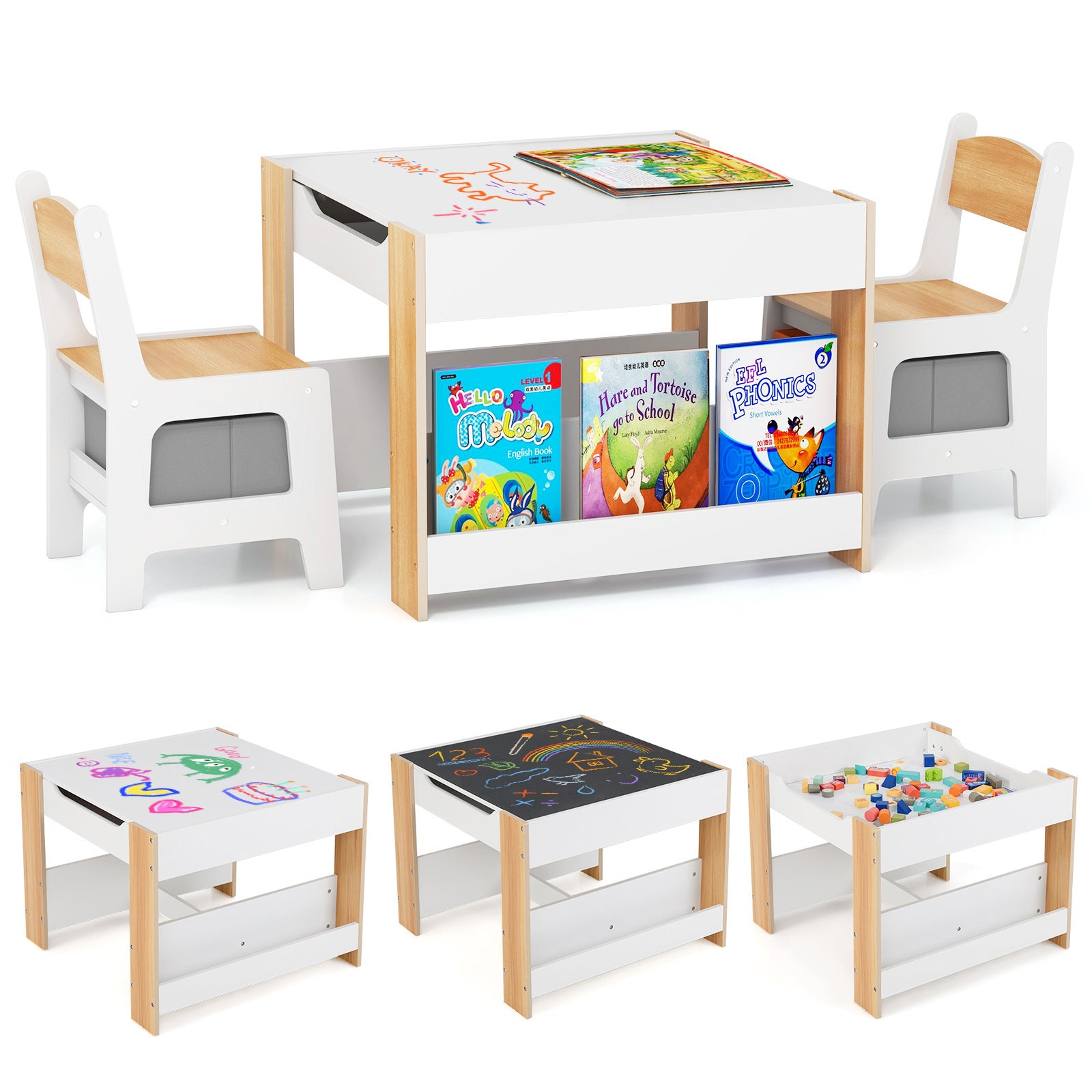 4 In 1 Kids Toddler Activity Table, Chairs Set, Reversible Tabletop, Natural Kids Table & Chair Sets Natural at Gallery Canada