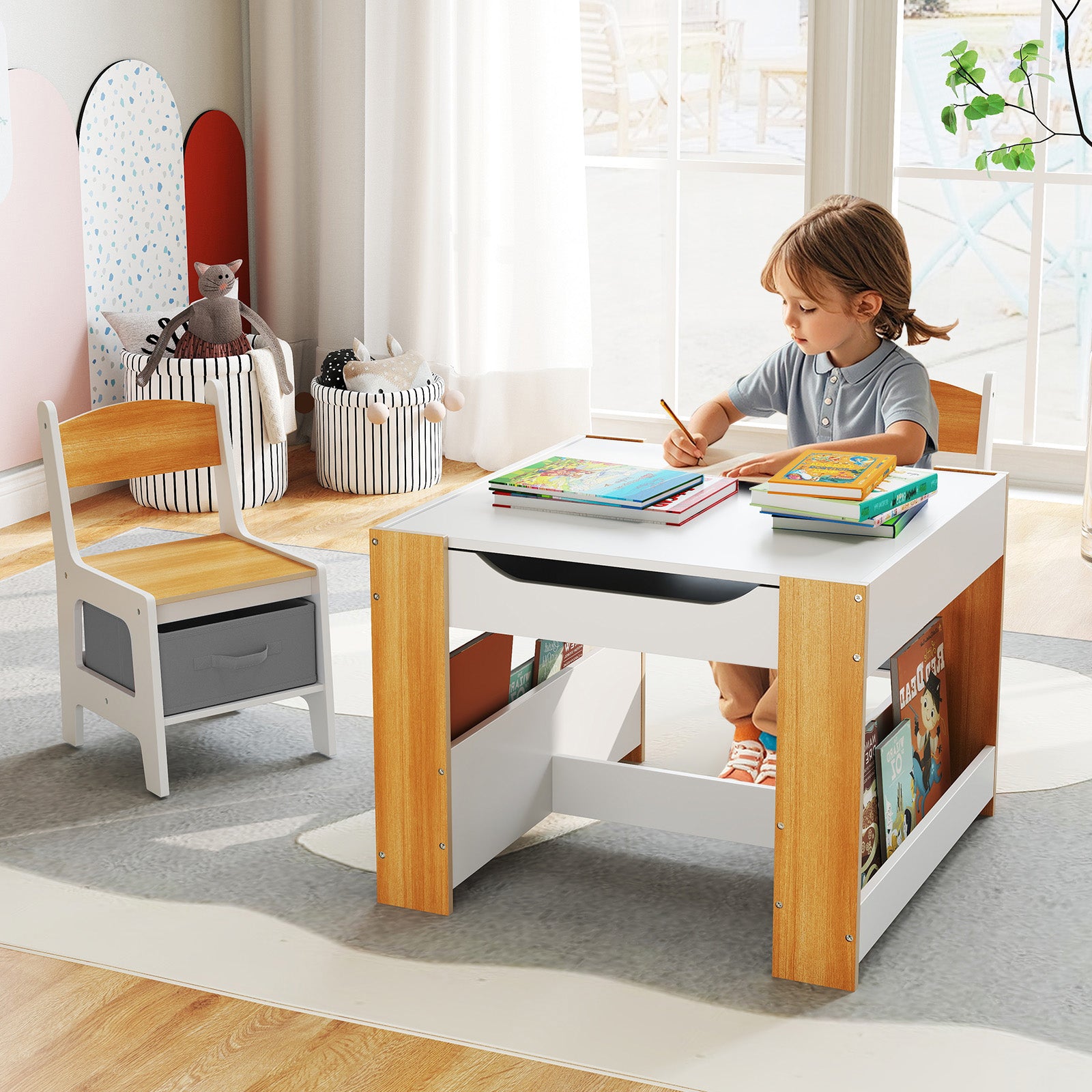 4 In 1 Kids Toddler Activity Table, Chairs Set, Reversible Tabletop, Natural Kids Table & Chair Sets at Gallery Canada