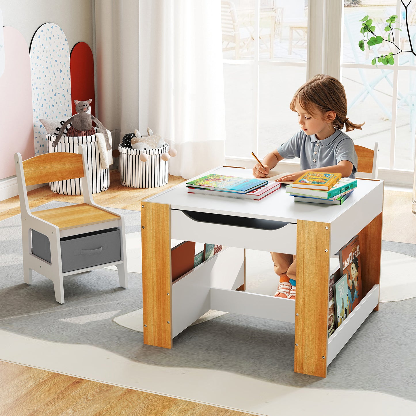 4 In 1 Kids Toddler Activity Table, Chairs Set, Reversible Tabletop, Natural Kids Table & Chair Sets at Gallery Canada