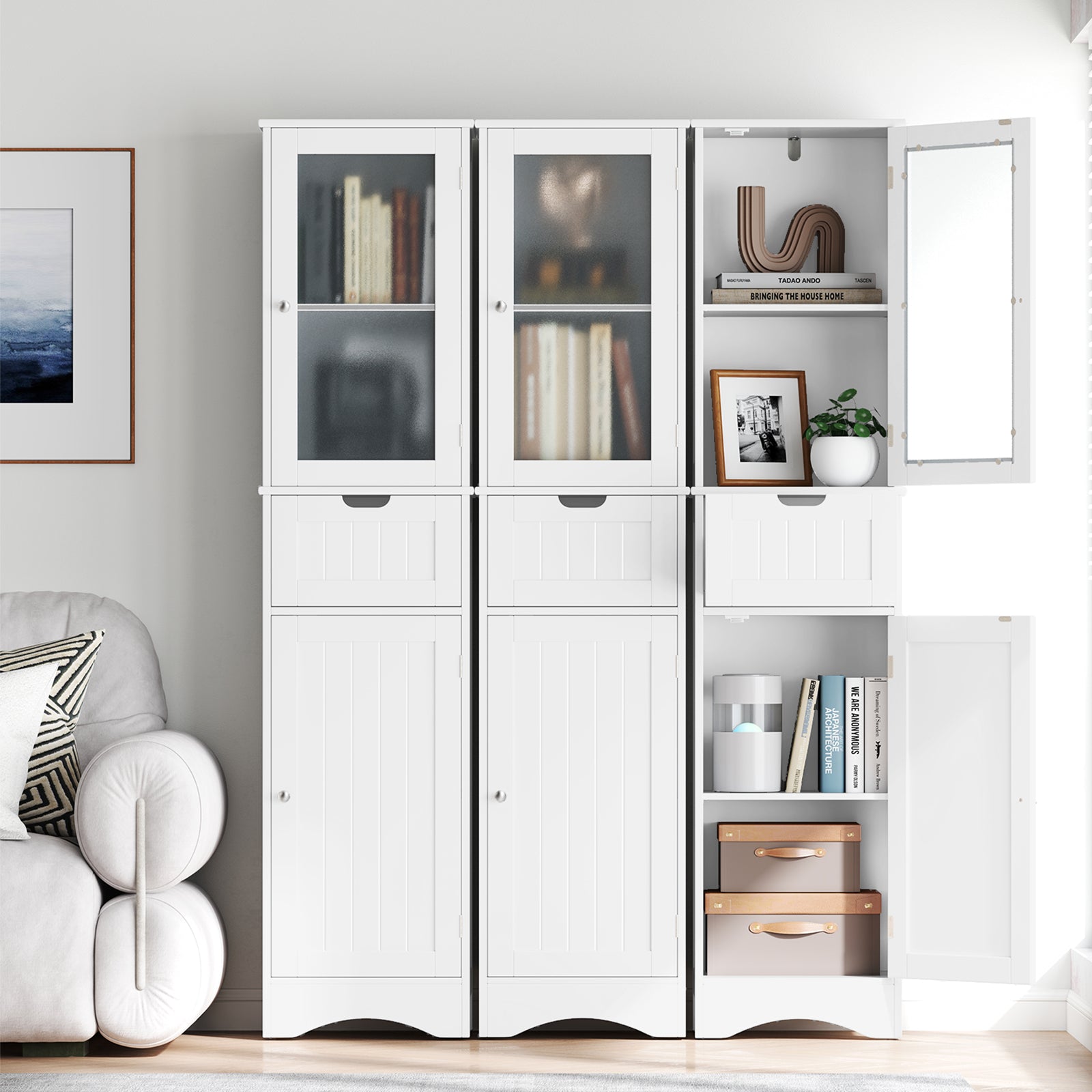 Tall Floor Storage Cabinet with 2 Doors and 1 Drawer for Bathroom, White Floor Cabinets at Gallery Canada
