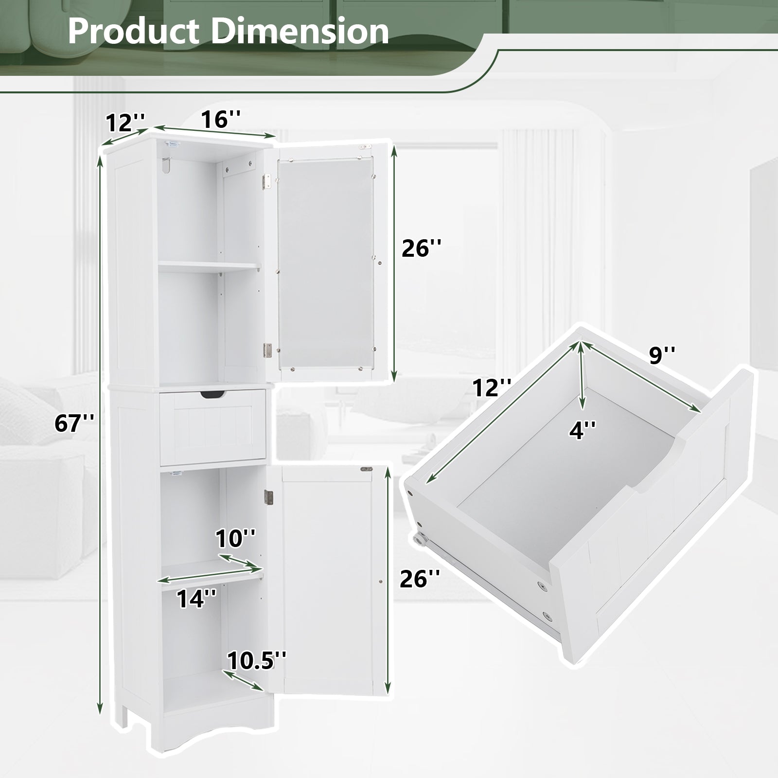 Tall Floor Storage Cabinet with 2 Doors and 1 Drawer for Bathroom, White Floor Cabinets at Gallery Canada
