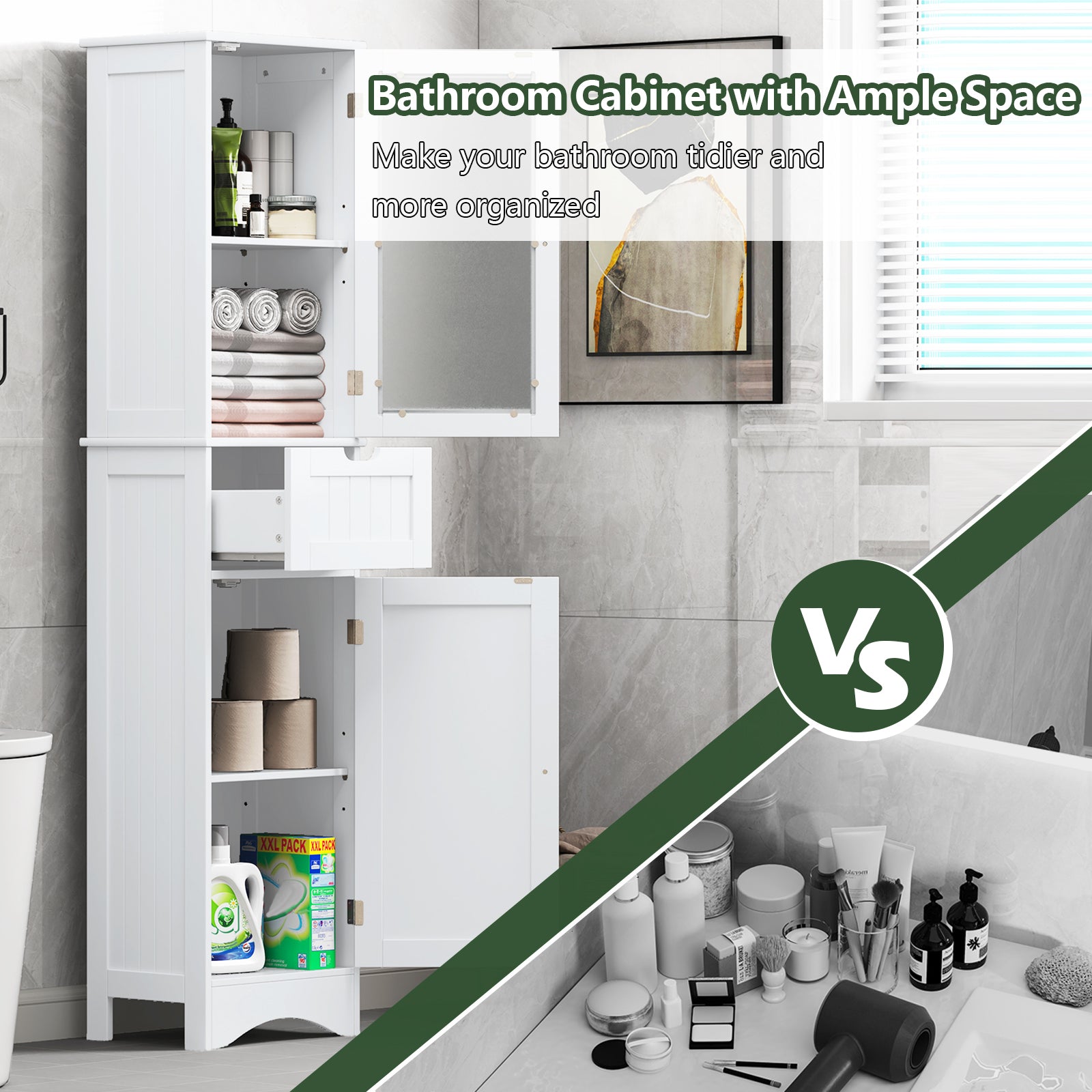 Tall Floor Storage Cabinet with 2 Doors and 1 Drawer for Bathroom, White Floor Cabinets at Gallery Canada