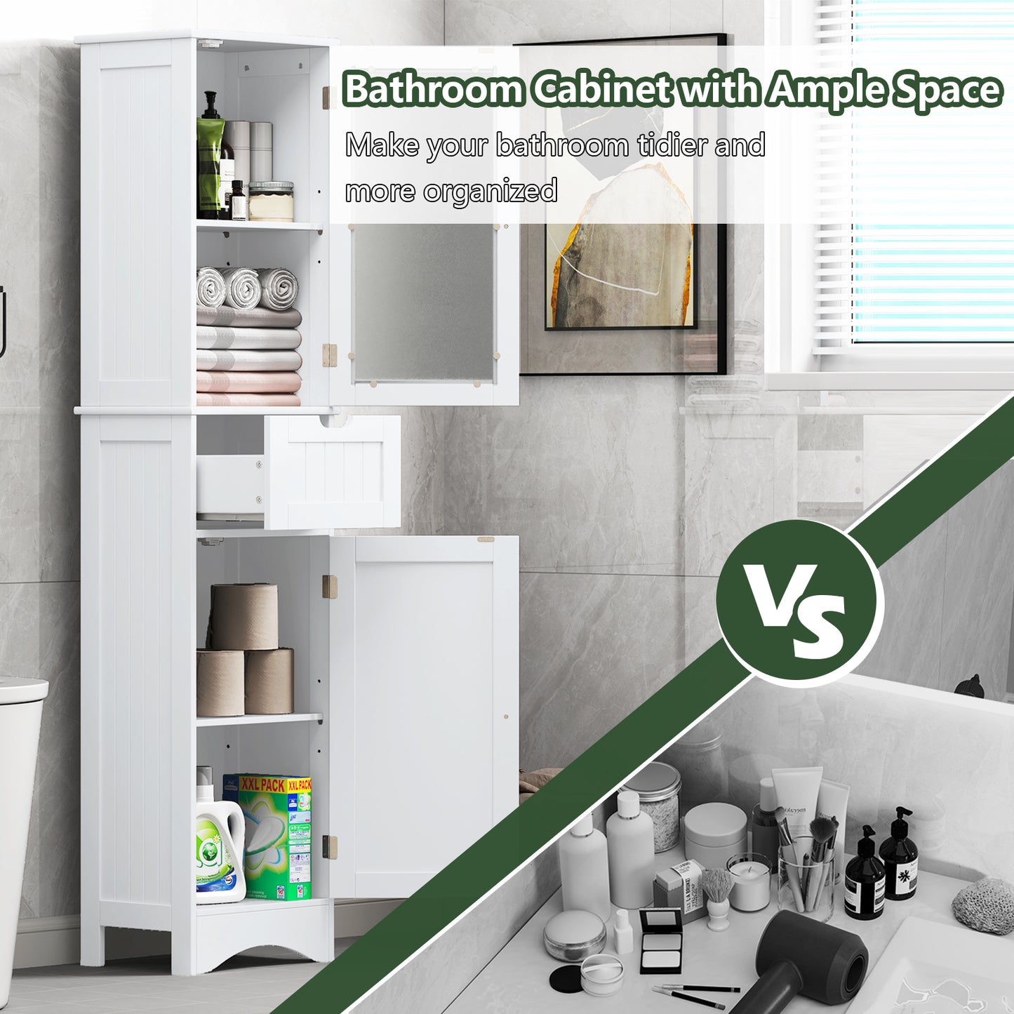 Tall Floor Storage Cabinet with 2 Doors and 1 Drawer for Bathroom, White Floor Cabinets at Gallery Canada