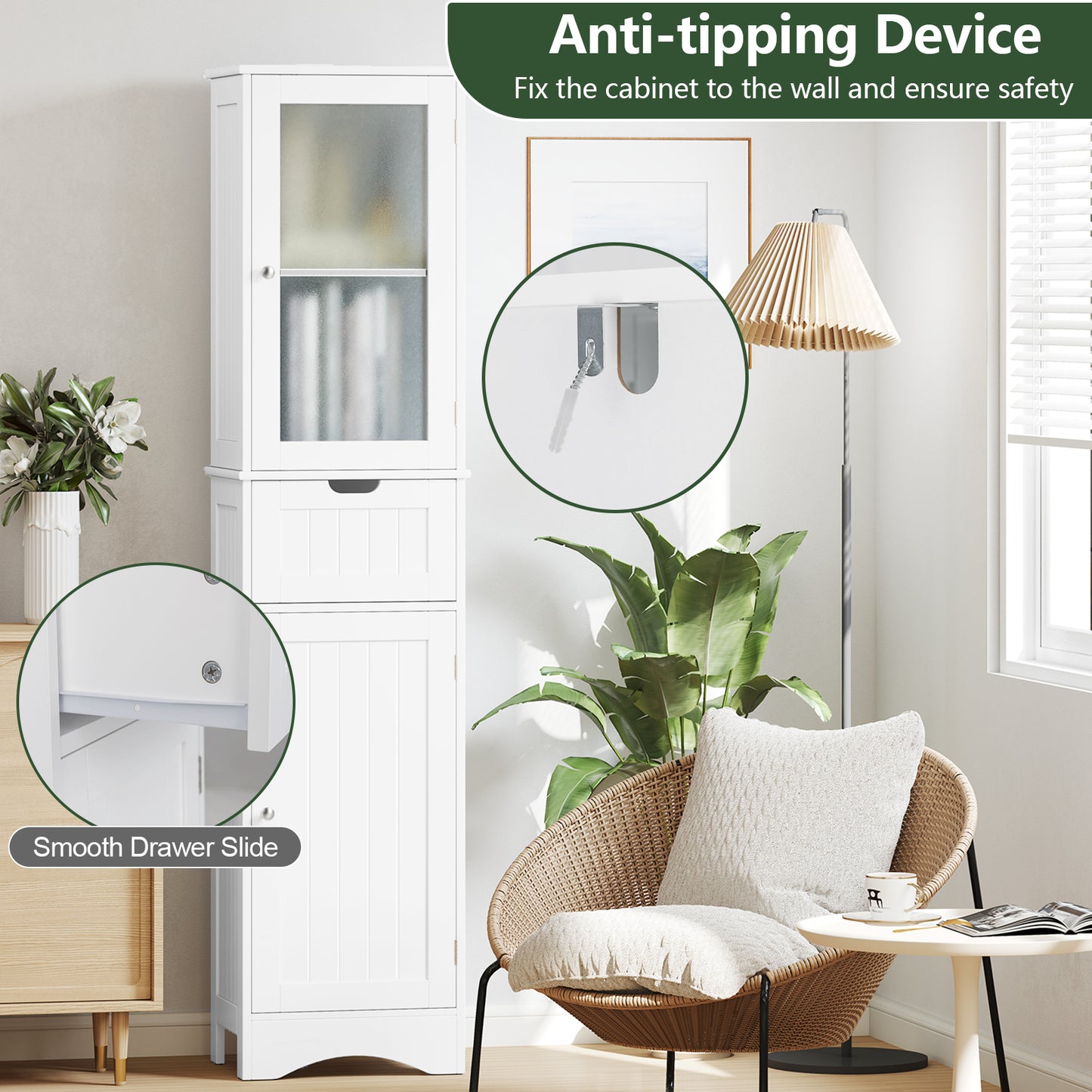 Tall Floor Storage Cabinet with 2 Doors and 1 Drawer for Bathroom, White Floor Cabinets at Gallery Canada