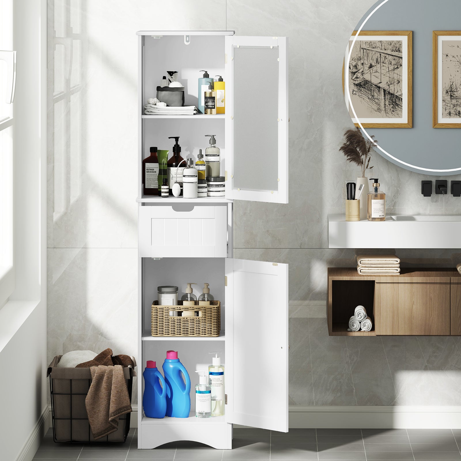 Tall Floor Storage Cabinet with 2 Doors and 1 Drawer for Bathroom, White Floor Cabinets at Gallery Canada