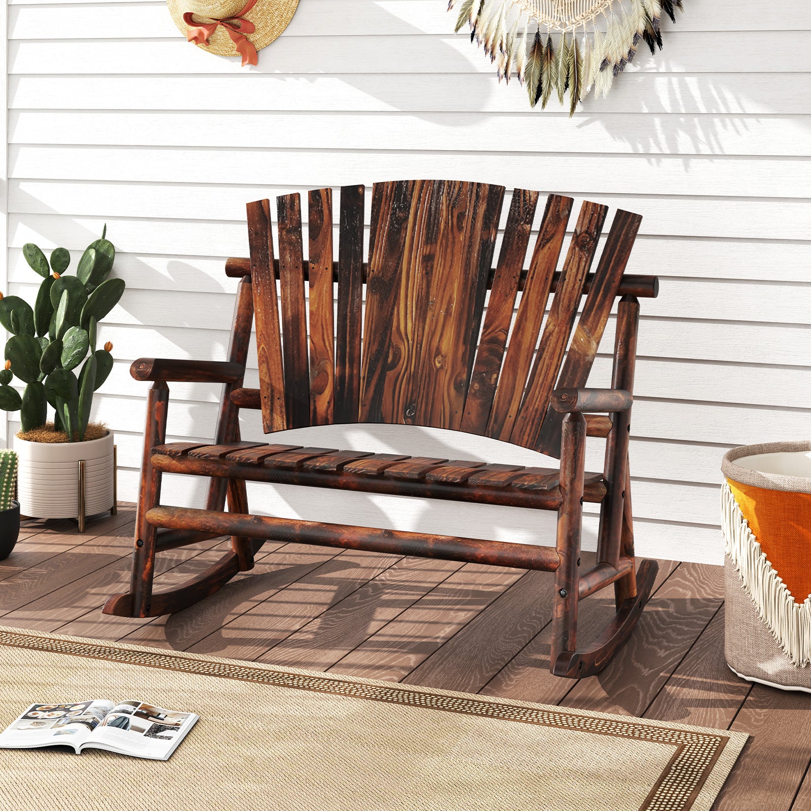 Outdoor Adirondack Rocking Chair for Adults with High Back and Slatted Seat, Brown Adirondack Chairs at Gallery Canada