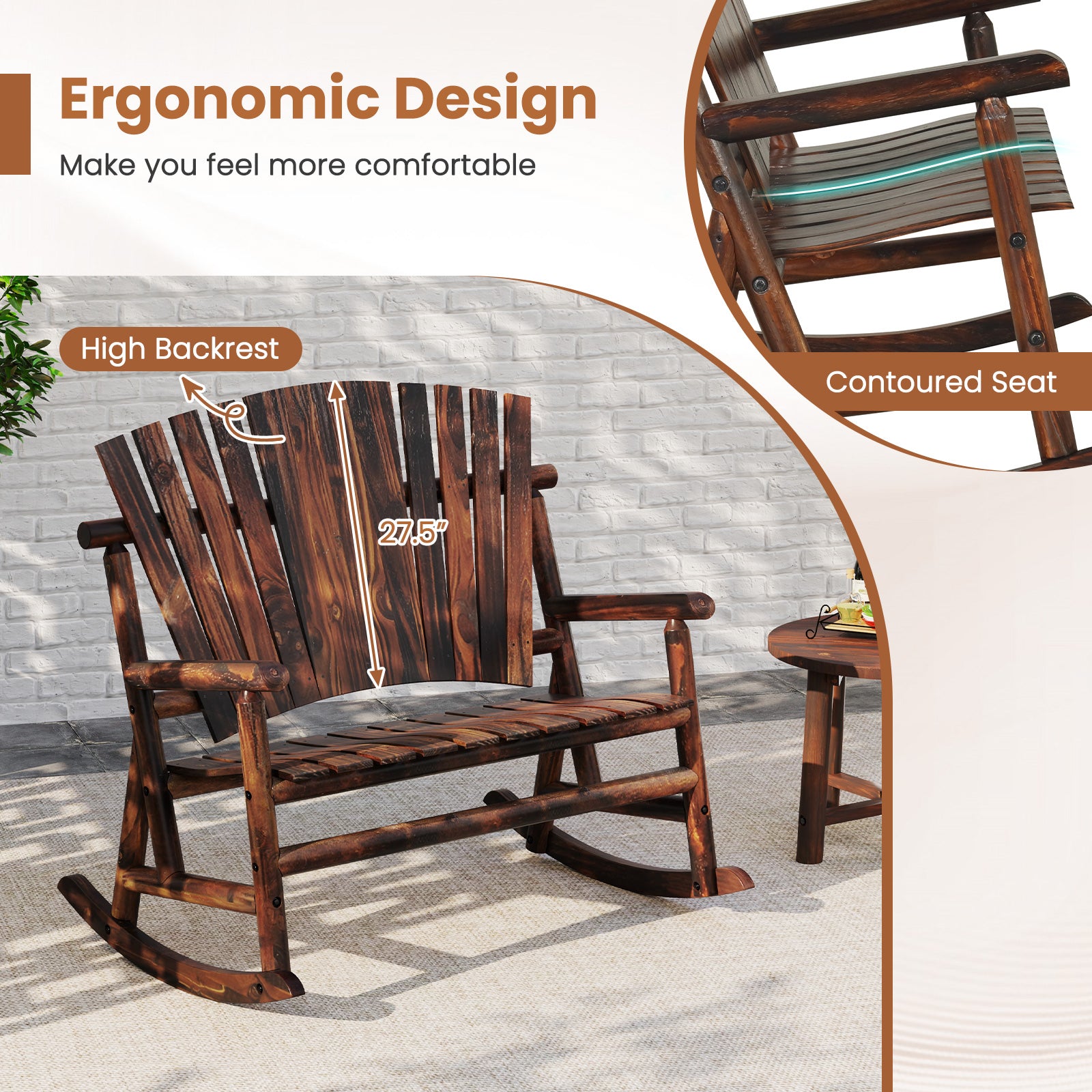 Outdoor Adirondack Rocking Chair for Adults with High Back and Slatted Seat, Brown Adirondack Chairs at Gallery Canada