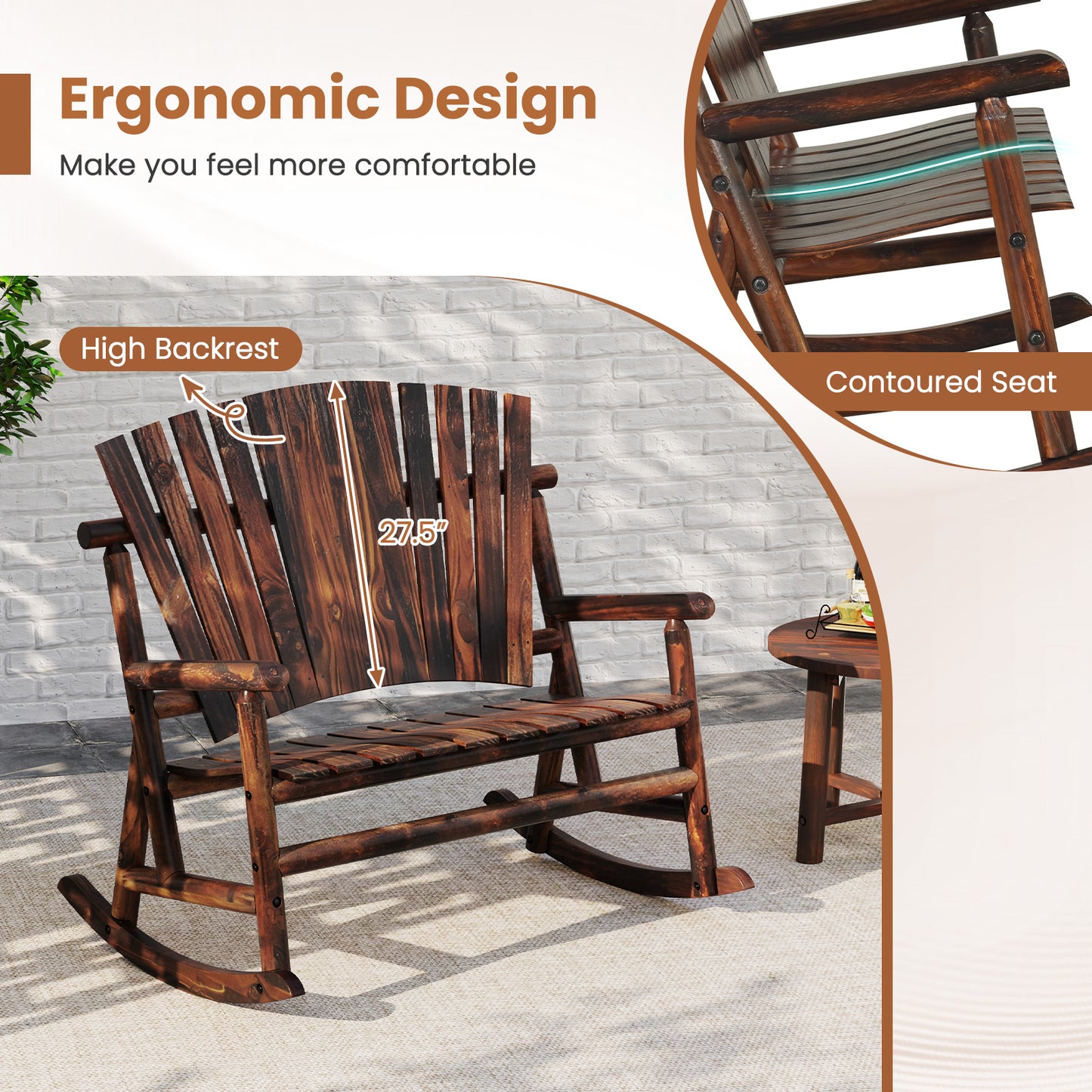 Outdoor Adirondack Rocking Chair for Adults with High Back and Slatted Seat, Brown Adirondack Chairs at Gallery Canada