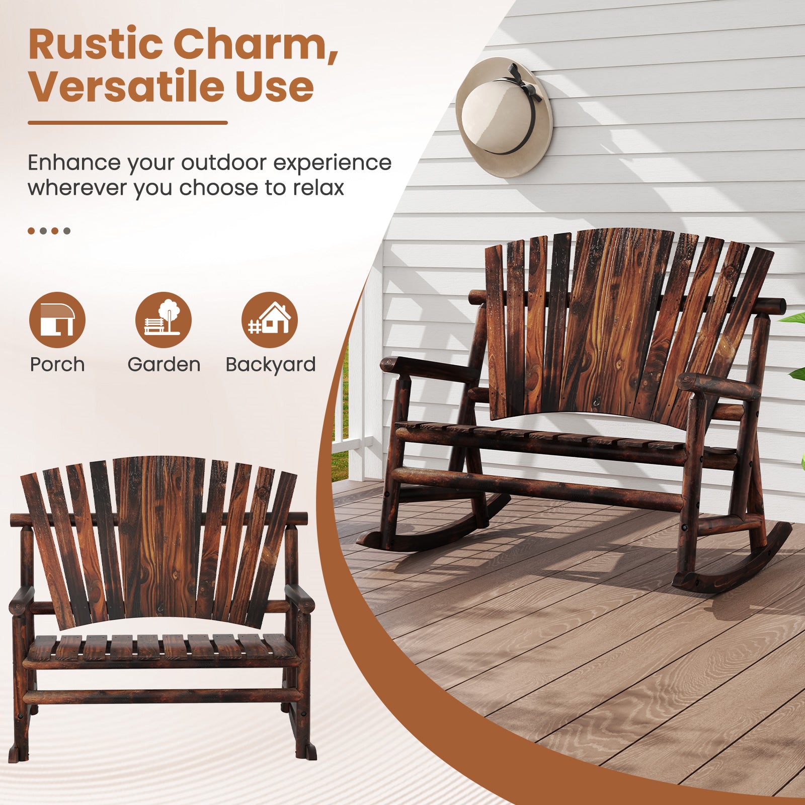 Outdoor Adirondack Rocking Chair for Adults with High Back and Slatted Seat, Brown Adirondack Chairs at Gallery Canada