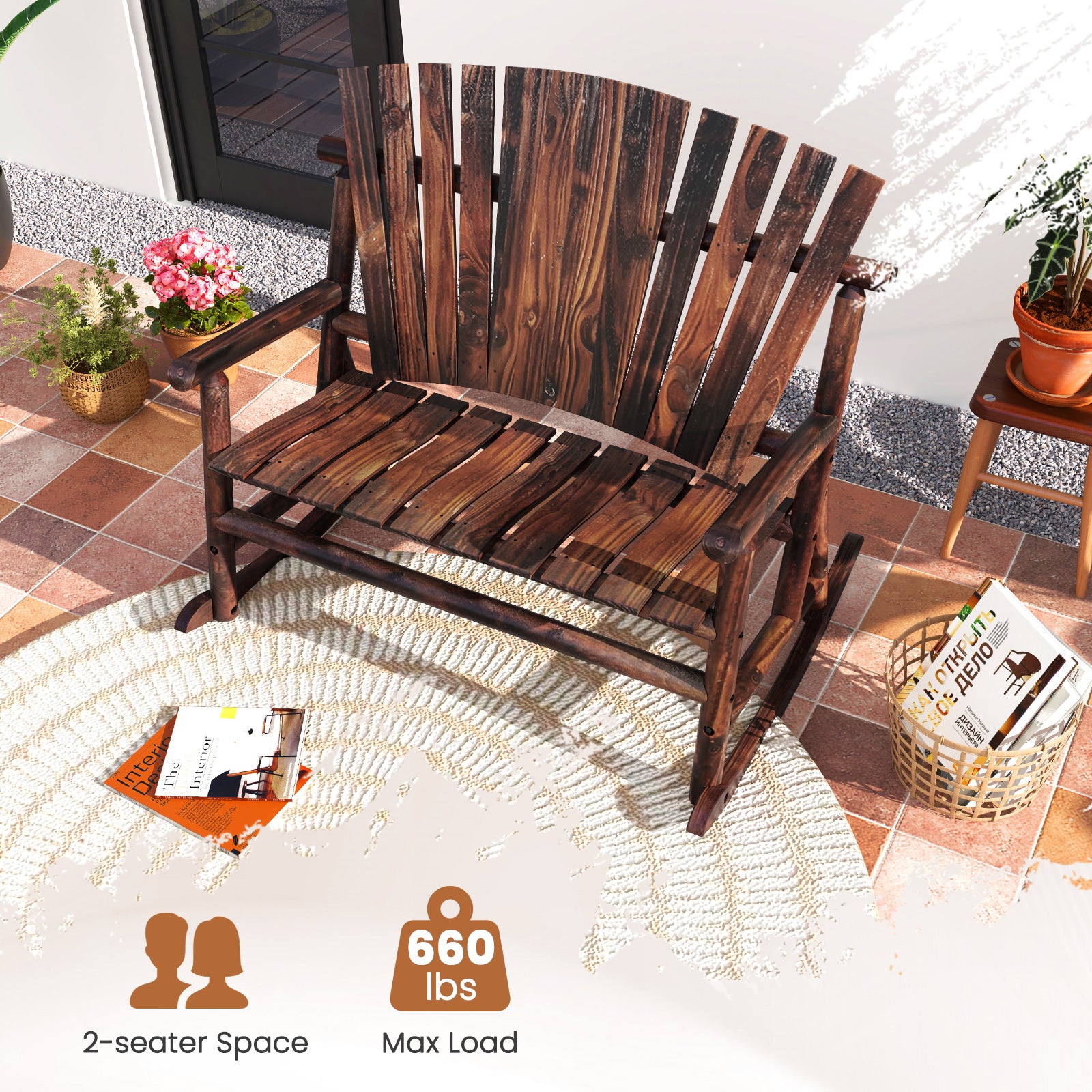Outdoor Adirondack Rocking Chair for Adults with High Back and Slatted Seat, Brown Adirondack Chairs at Gallery Canada