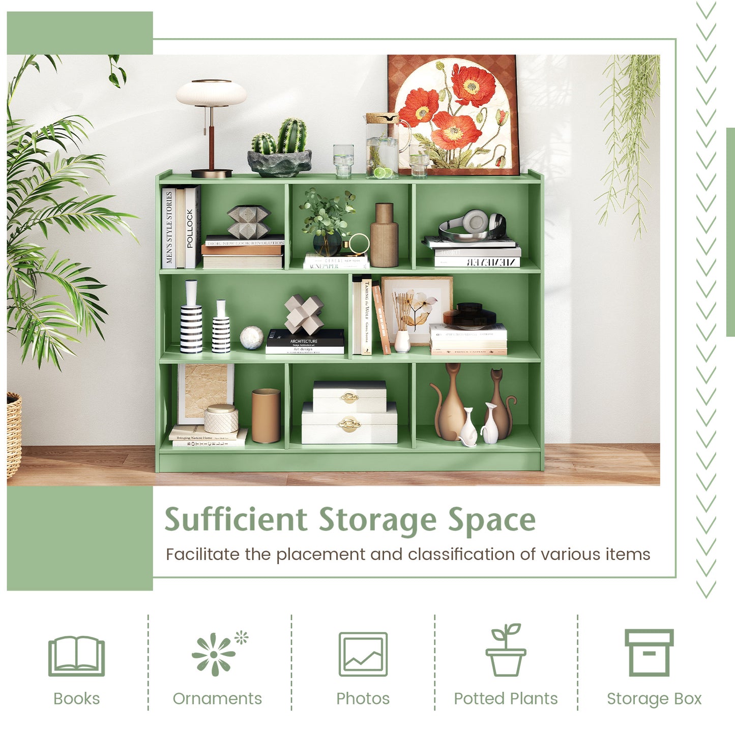 3-Tier Open Bookcase 8-Cube Floor Standing Storage Shelves, Green Bookcases at Gallery Canada