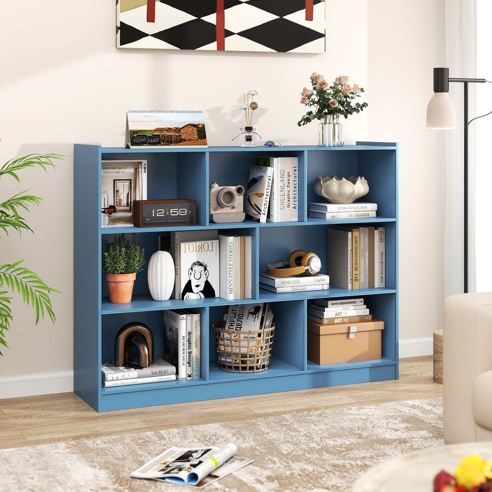 3-Tier Open Bookcase 8-Cube Floor Standing Storage Shelves, Blue Bookcases at Gallery Canada