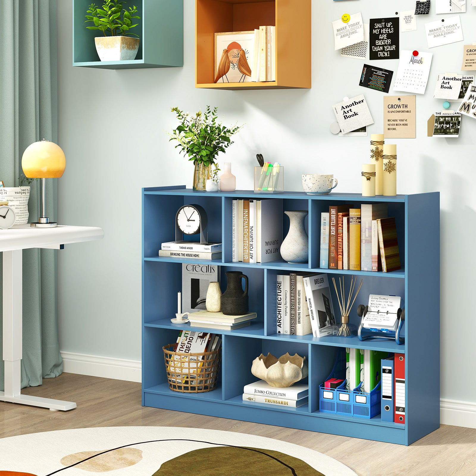 3-Tier Open Bookcase 8-Cube Floor Standing Storage Shelves, Blue Bookcases at Gallery Canada
