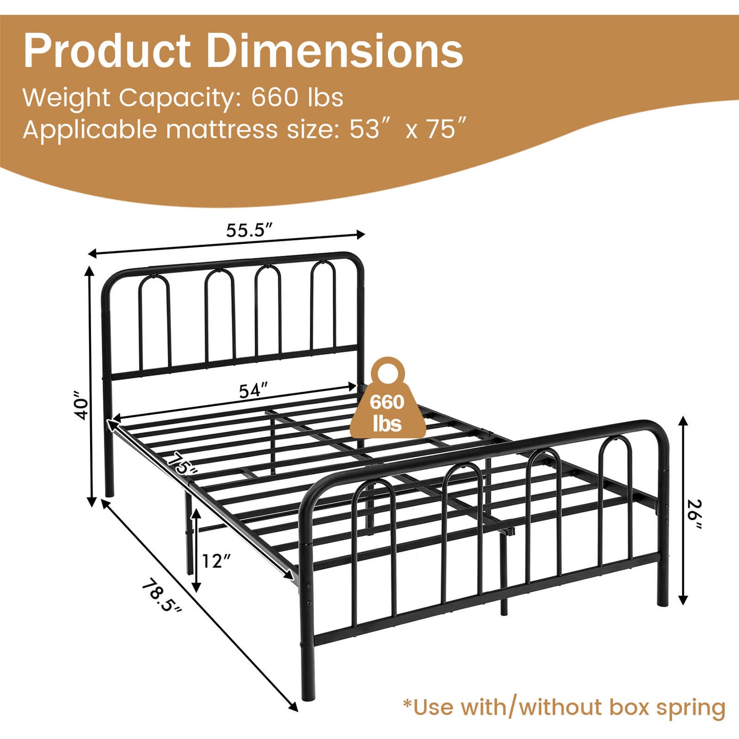 Full/Queen Size Metal Bed Frame with Headboard and Footboard-Full Size, Black Simple Bed Frame at Gallery Canada