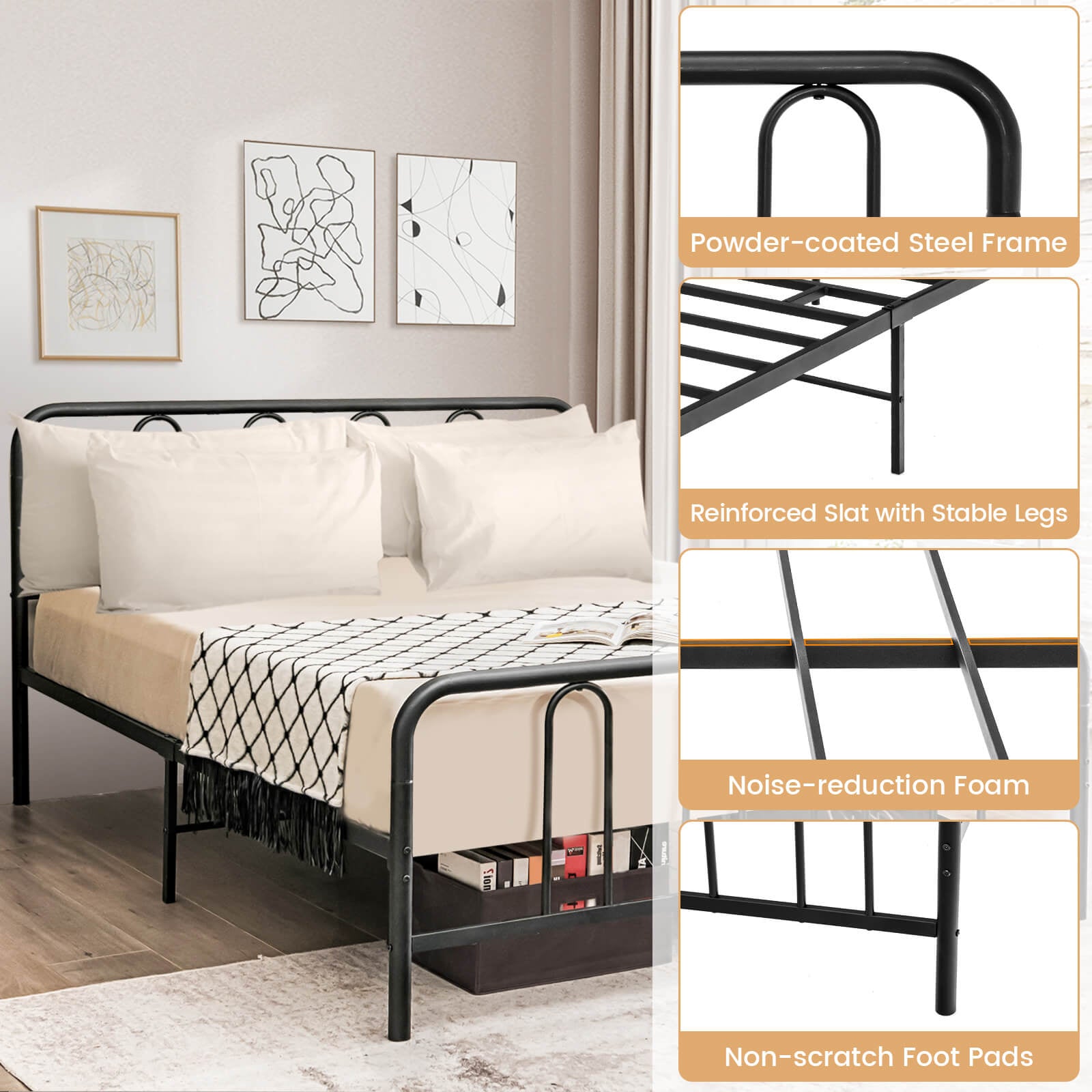 Full/Queen Size Metal Bed Frame with Headboard and Footboard-Full Size, Black Simple Bed Frame at Gallery Canada