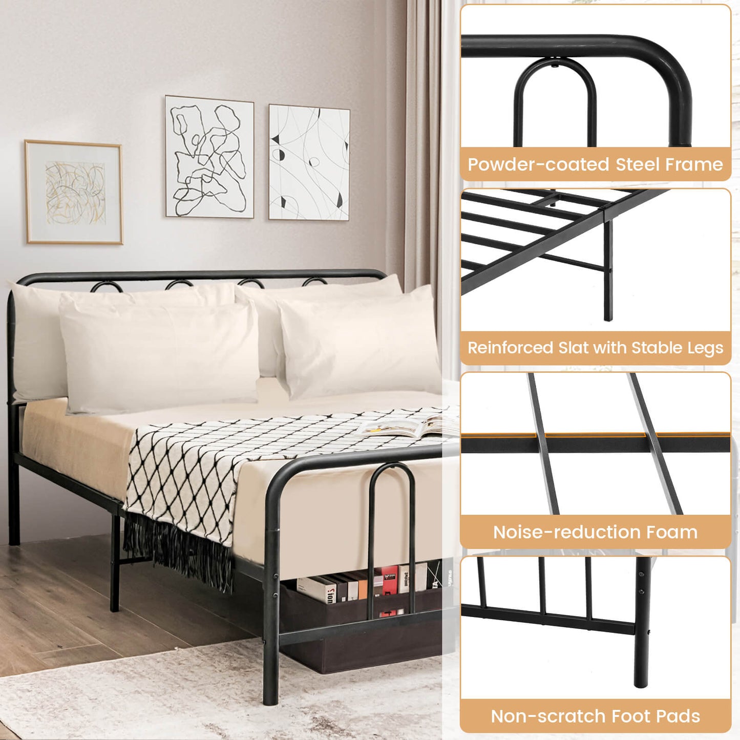 Full/Queen Size Metal Bed Frame with Headboard and Footboard-Full Size, Black Simple Bed Frame at Gallery Canada