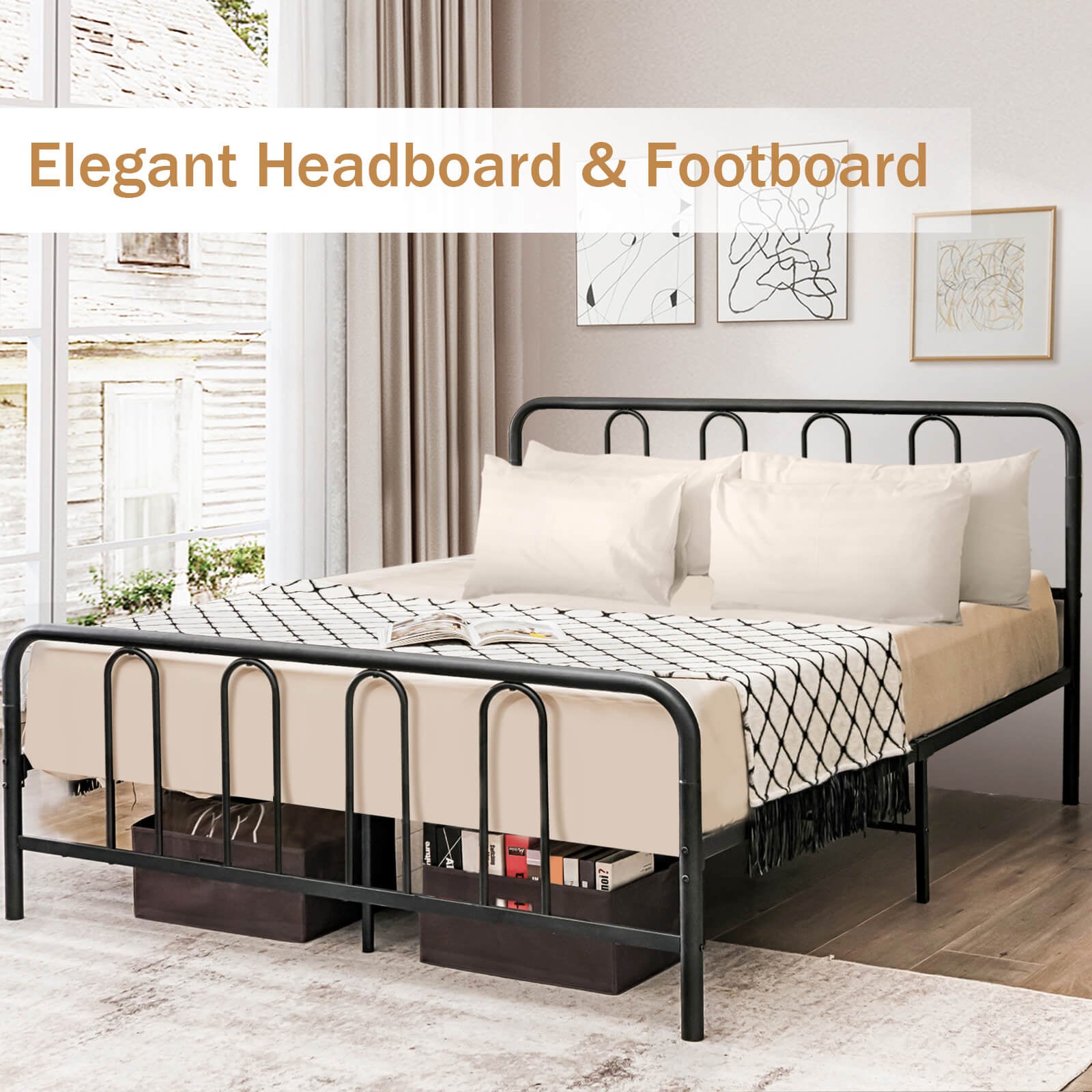 Full/Queen Size Metal Bed Frame with Headboard and Footboard-Full Size, Black Simple Bed Frame at Gallery Canada