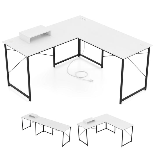L-Shaped Computer Desk With Power Outlets, Monitor Shelf, White Computer Desks White at Gallery Canada