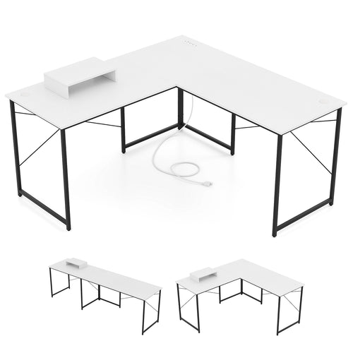L-Shaped Computer Desk with Power Outlets and Monitor Shelf, White