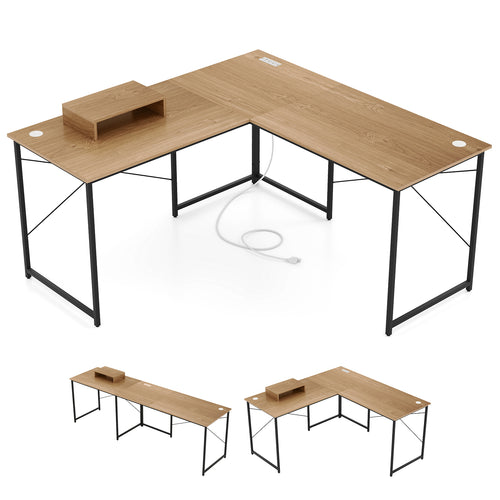 95 Inch L-Shaped Reversible Computer Desk With Monitor Stand, Natural