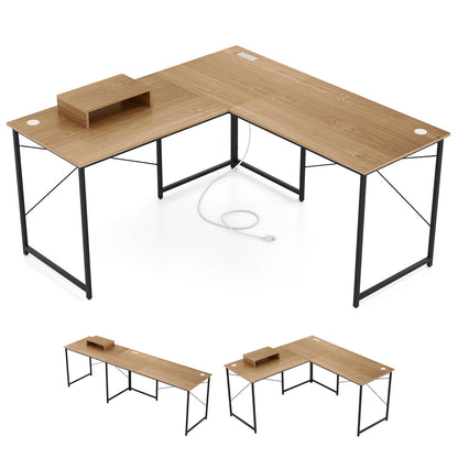 Bureau d'ordinateur en L réversible de 95 pouces avec support moniteur, naturel