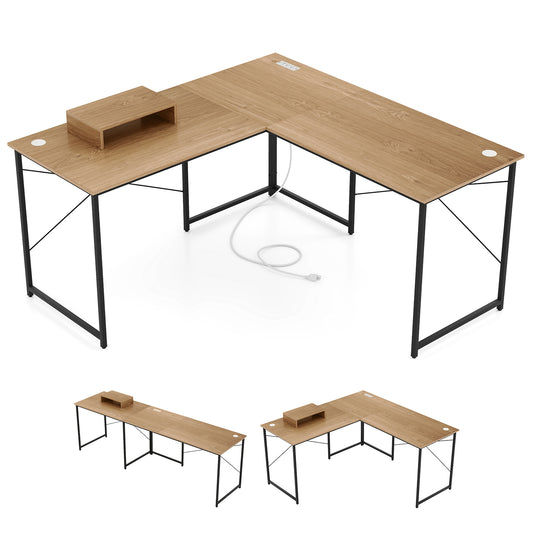 95 Inch L-Shaped Reversible Computer Desk With Monitor Stand, Natural L-Shaped Desks Natural at Gallery Canada