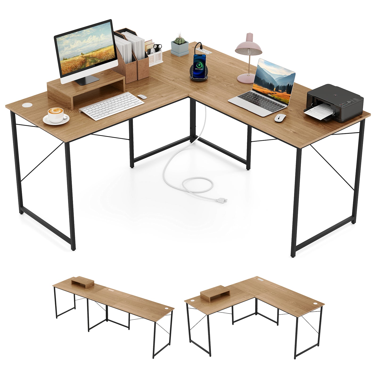 95 Inch L-Shaped Reversible Computer Desk With Monitor Stand, Natural L-Shaped Desks at Gallery Canada