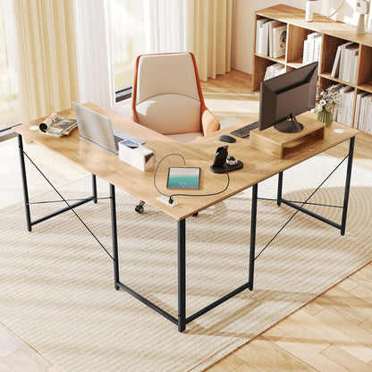 95 Inch L-Shaped Reversible Computer Desk With Monitor Stand, Natural L-Shaped Desks at Gallery Canada