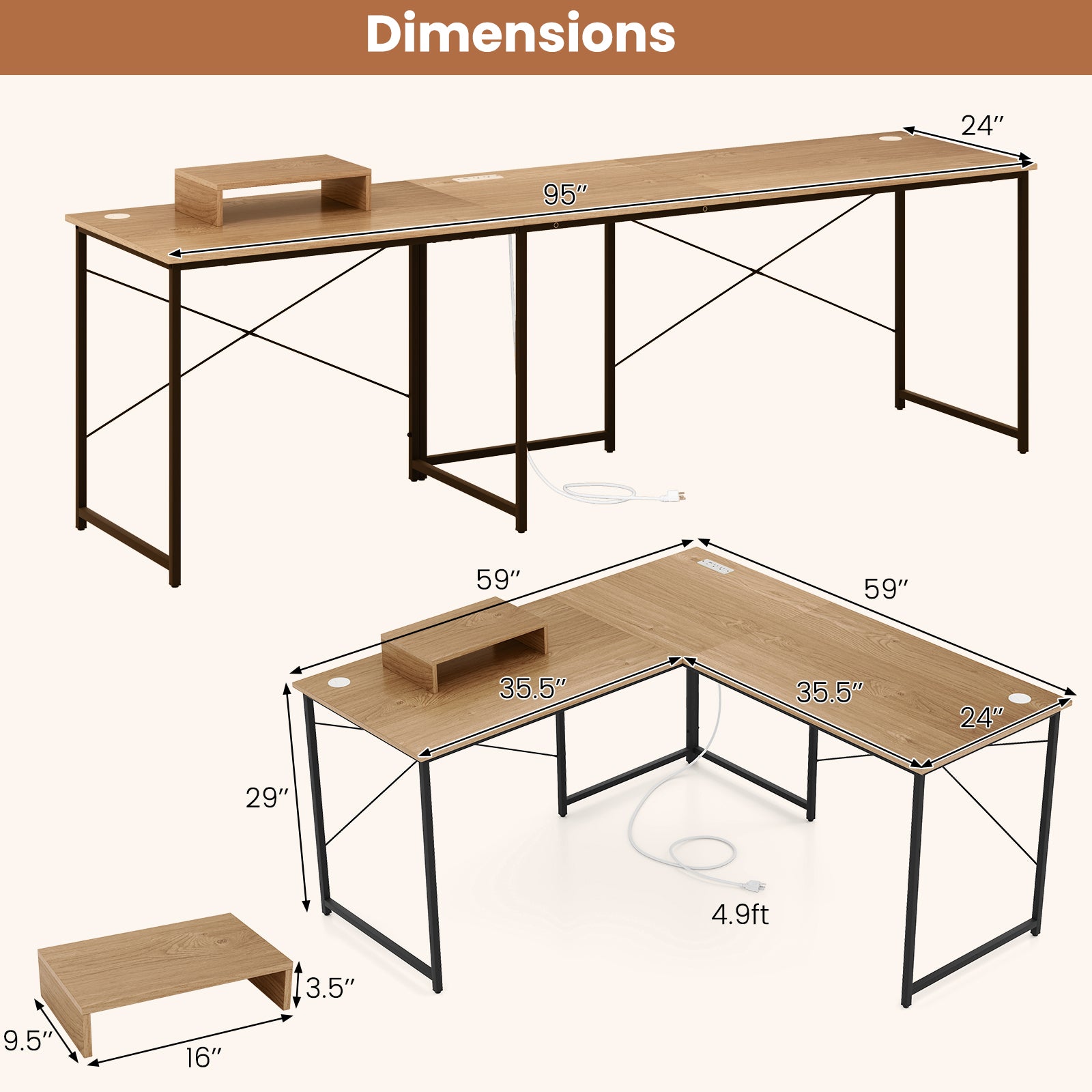 95 Inch L-Shaped Reversible Computer Desk With Monitor Stand, Natural L-Shaped Desks at Gallery Canada