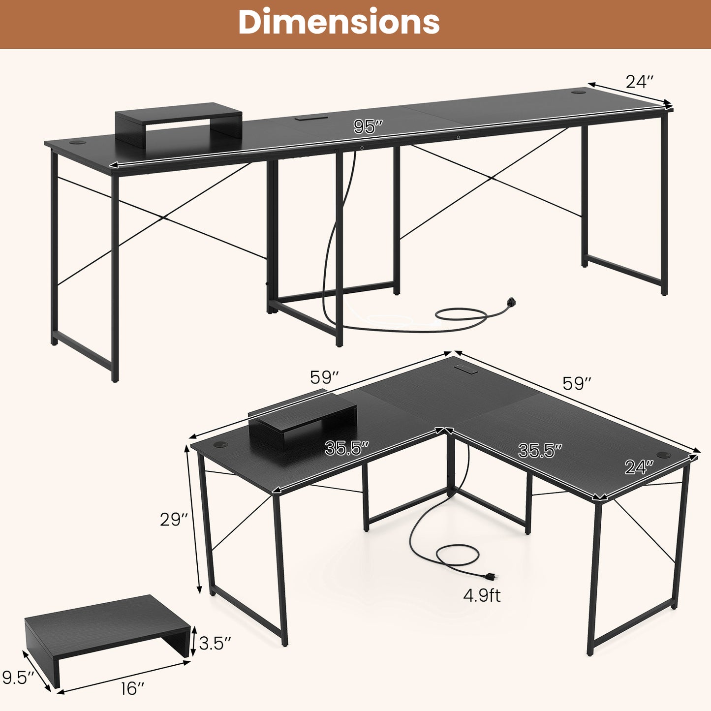 95 Inch 2-Person L-Shaped Long Reversible Computer Desk with Monitor Stand, Black L-Shaped Desks at Gallery Canada