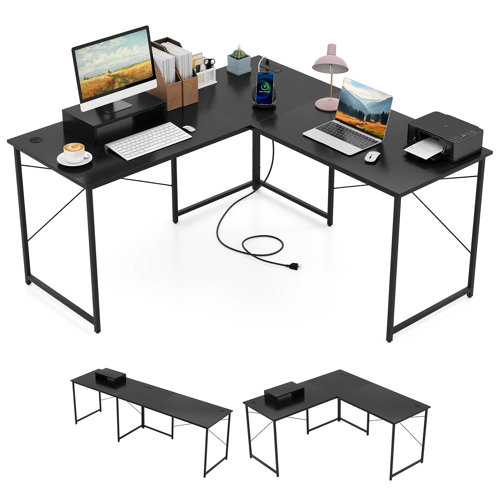 95 Inch 2-Person L-Shaped Long Reversible Computer Desk with Monitor Stand, Black L-Shaped Desks at Gallery Canada